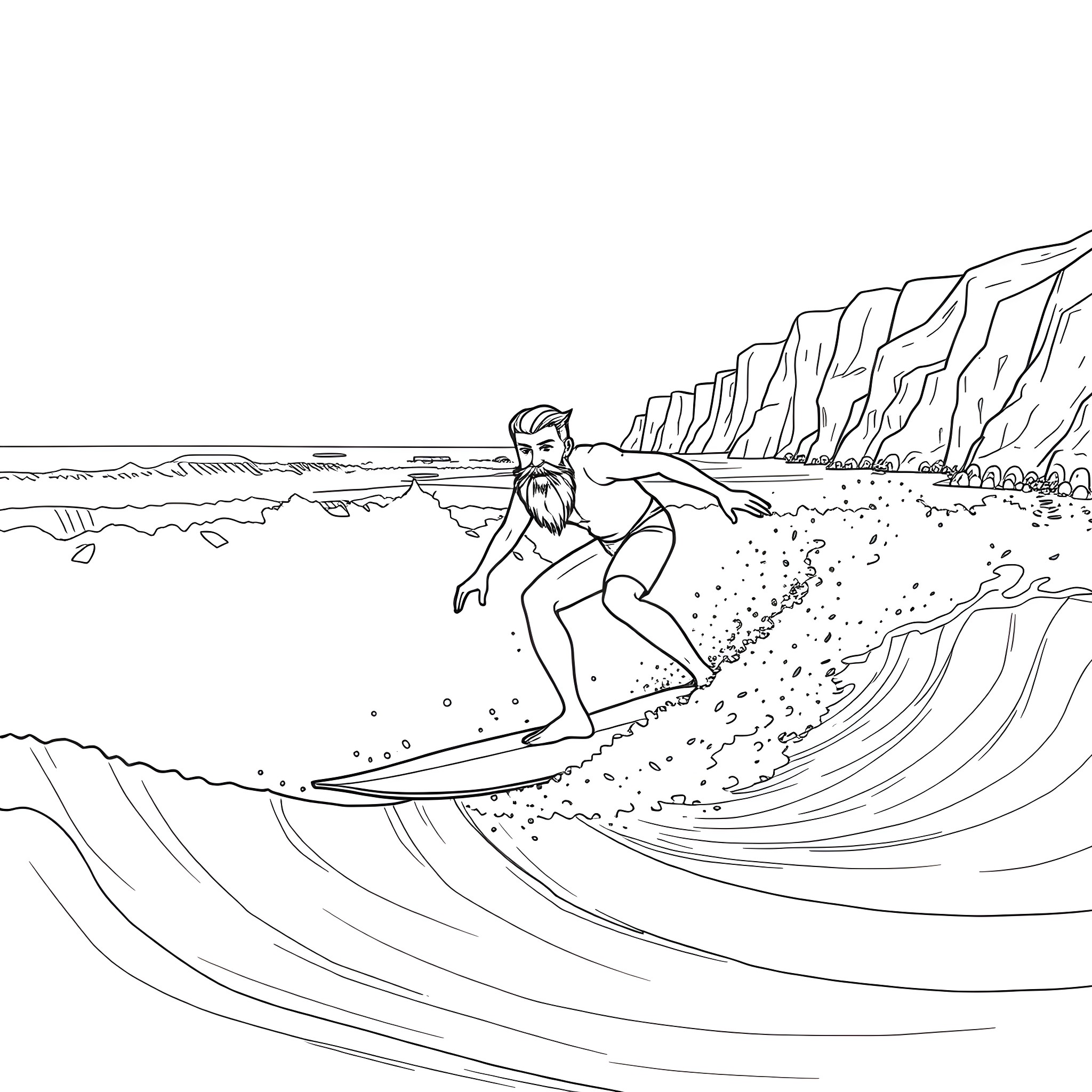 Surfer riding wave with enthusiasm Coloring Page (free black-and-white line drawing printable PDF for all, from beginners to advanced learners, including children, teens, adults, and seniors)