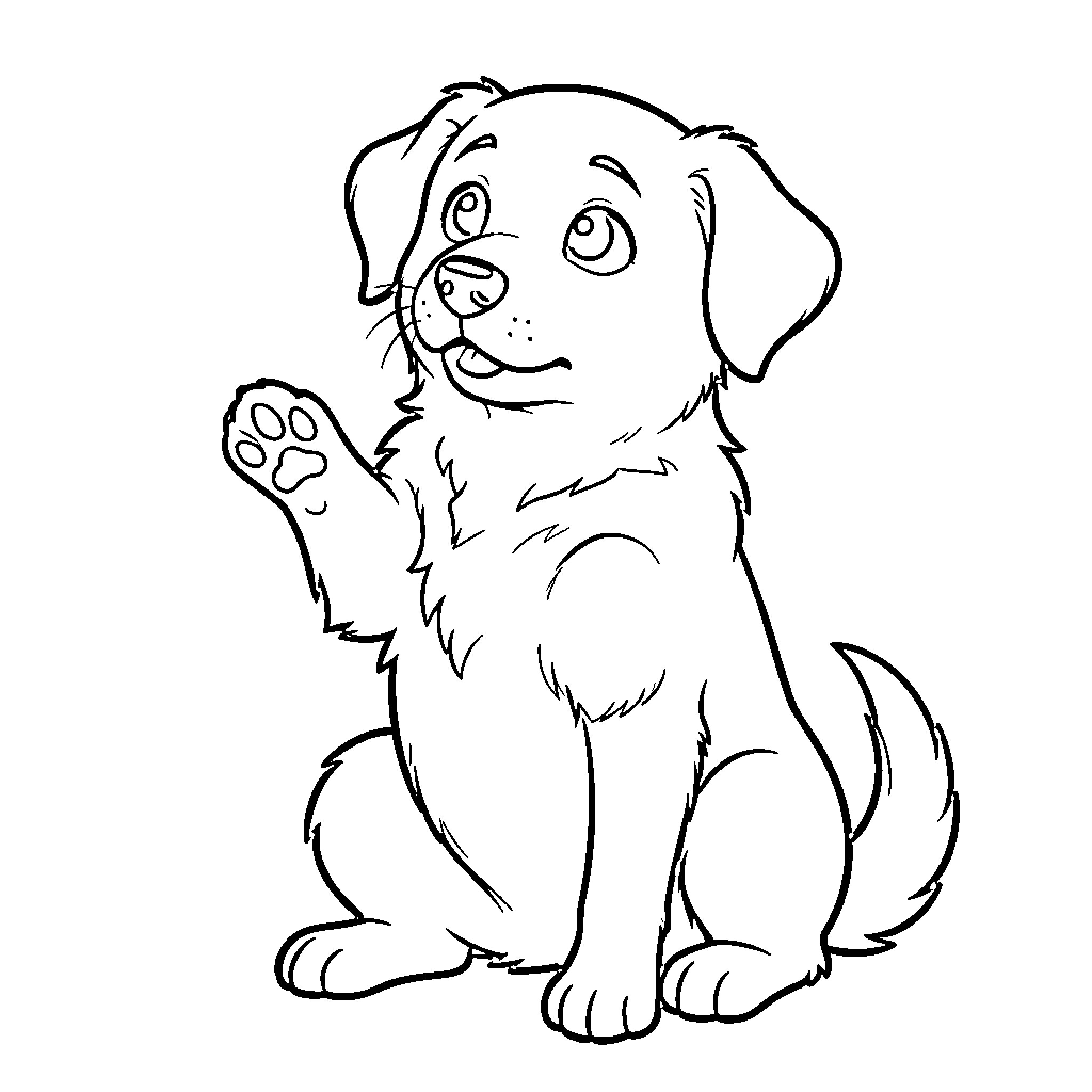 Dog sitting and waving paw playfully Coloring Page (free black-and-white line drawing printable PDF for all, from beginners to advanced learners, including children, teens, adults, and seniors)