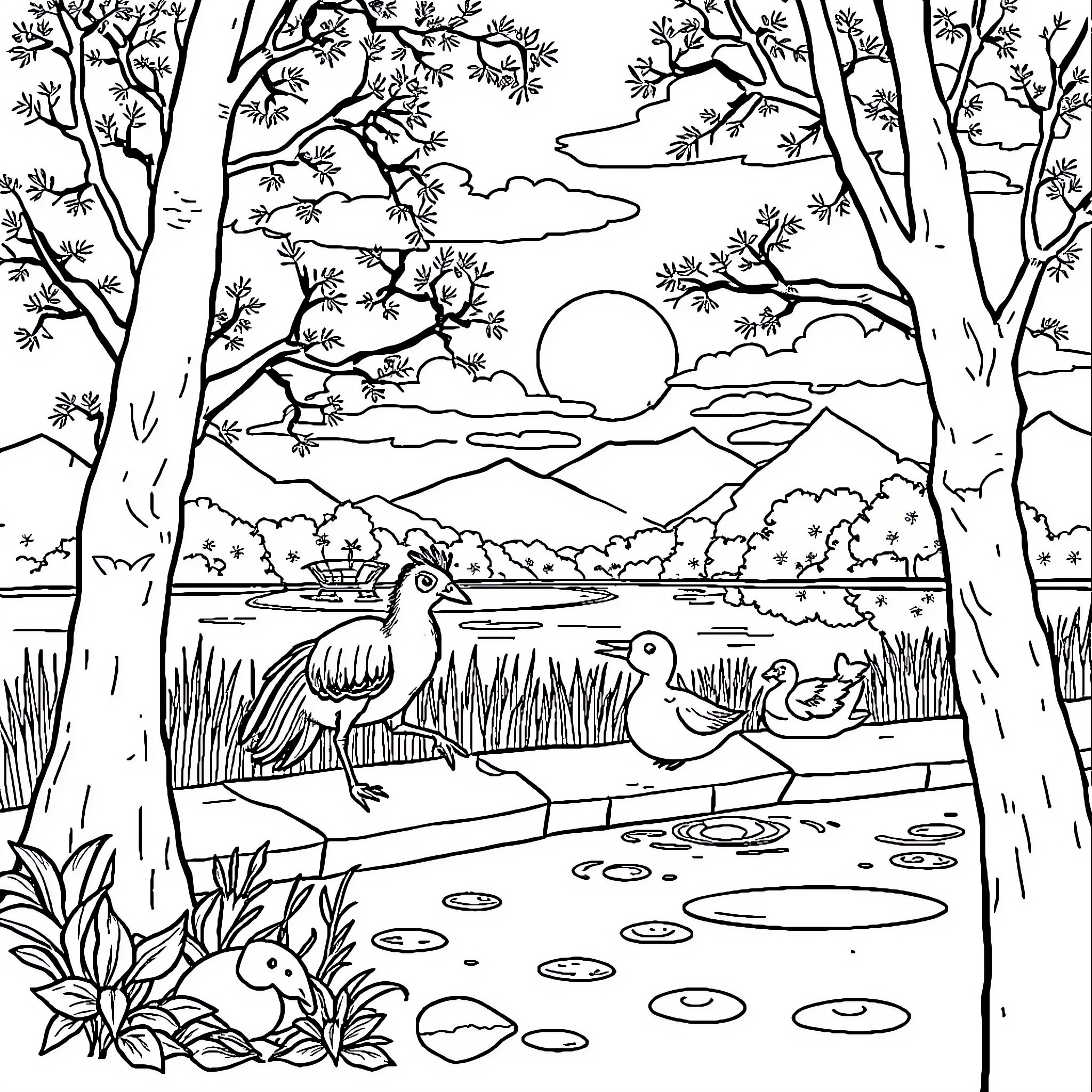 Duck family in serene natural landscape Coloring Page (free black-and-white line drawing printable PDF for all, from beginners to advanced learners, including children, teens, adults, and seniors)