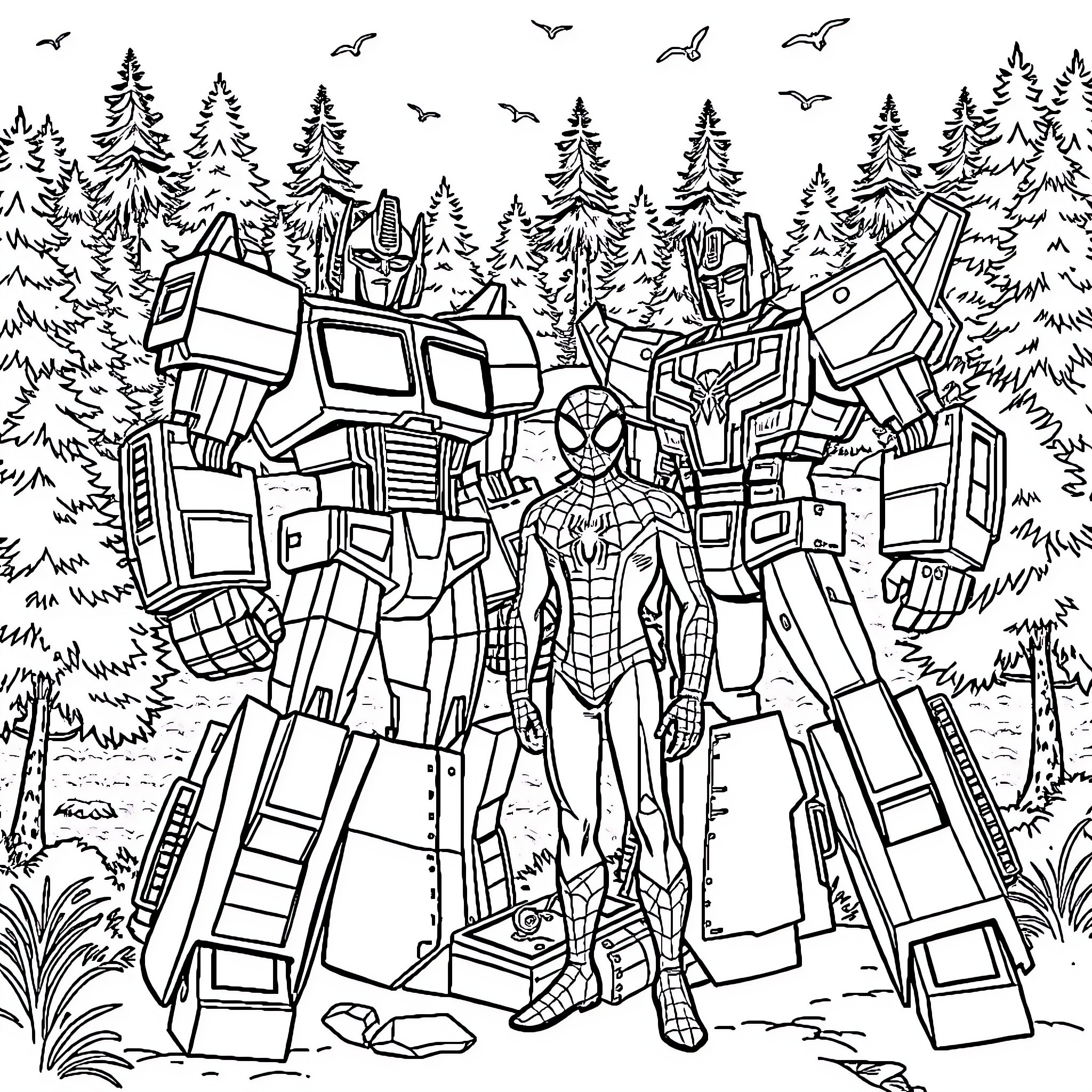 Transformer heroes in the enchanted forest Coloring Page (free black-and-white line drawing printable PDF for all, from beginners to advanced learners, including children, teens, adults, and seniors)