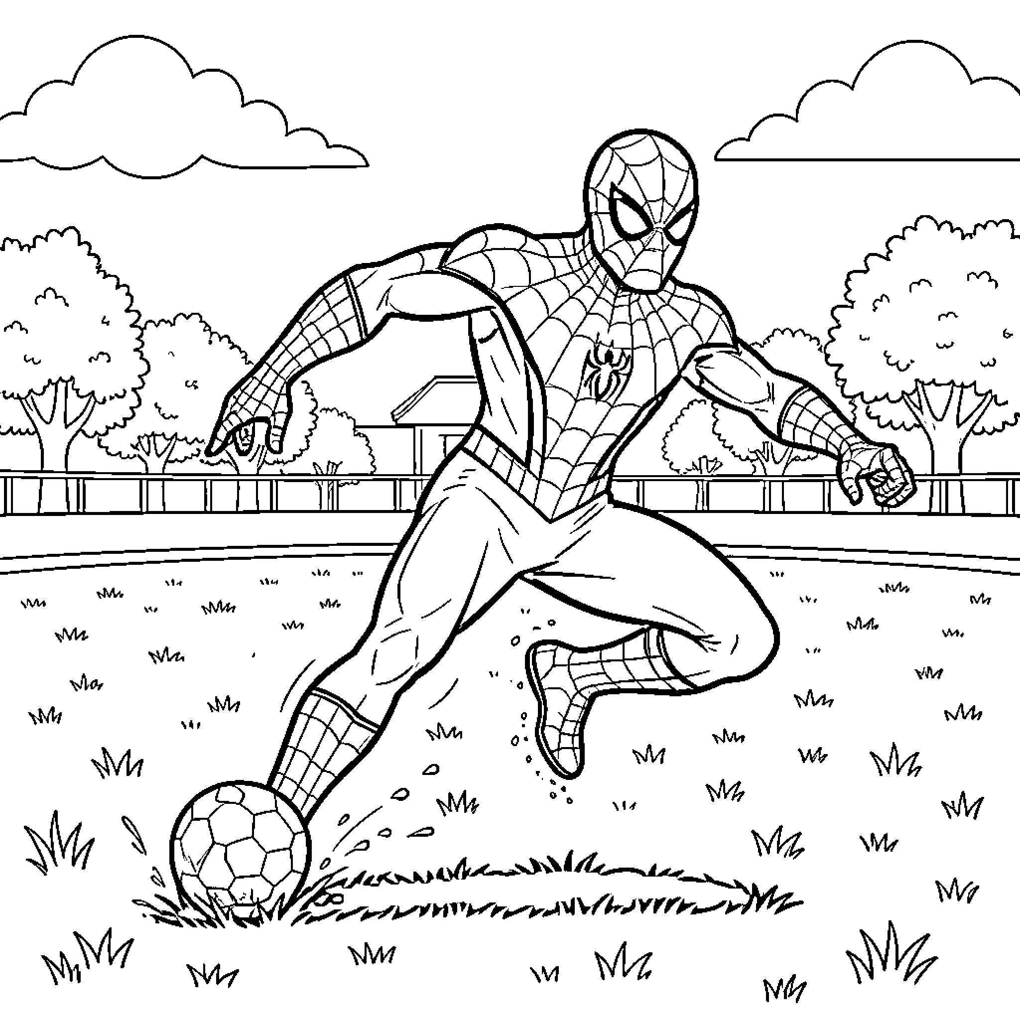 Spiderman playing soccer in an outdoor park Coloring Page (free black-and-white line drawing printable PDF for all, from beginners to advanced learners, including children, teens, adults, and seniors)