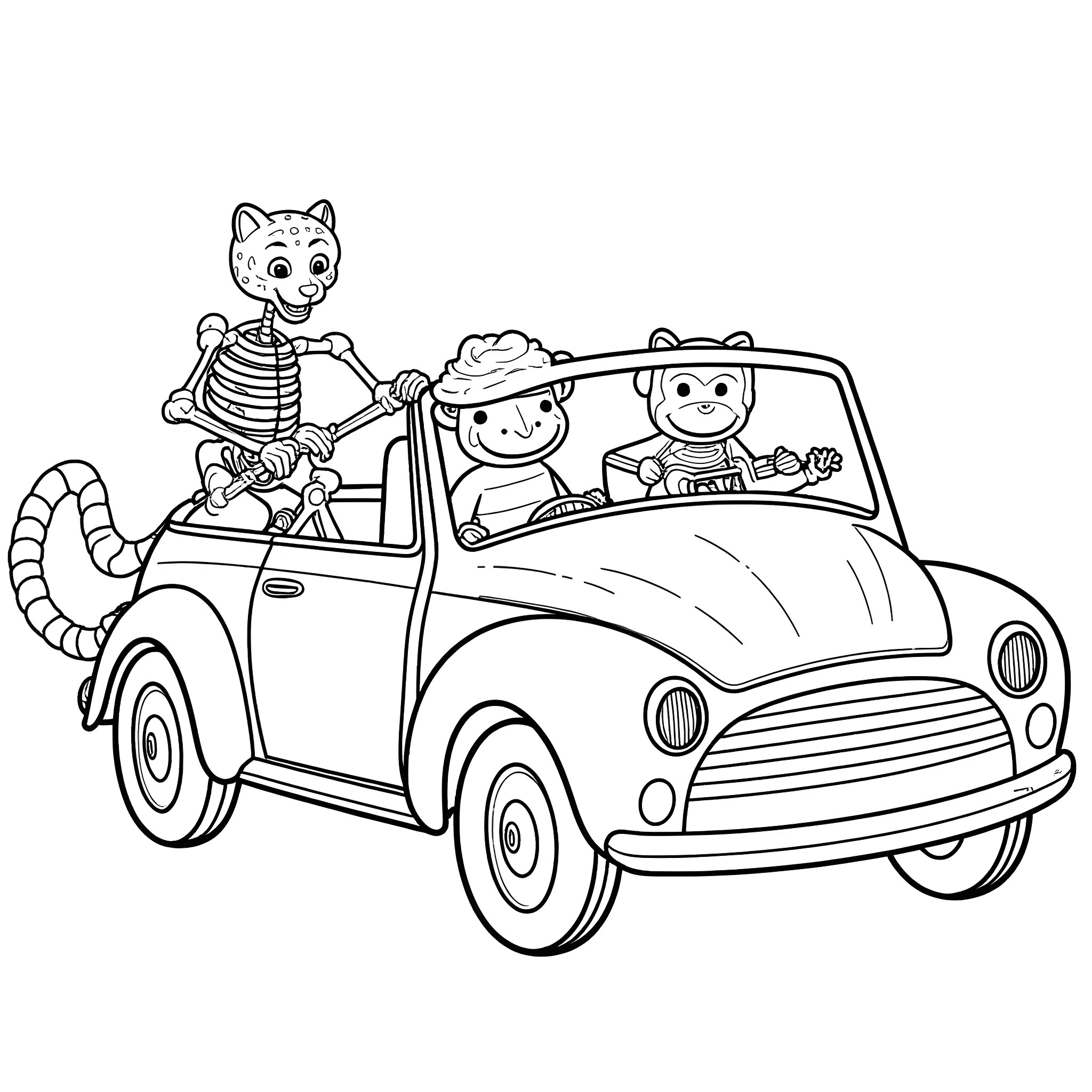 Stuffed Animal Friends Riding in a Vintage Car Coloring Page (free black-and-white line drawing printable PDF for all, from beginners to advanced learners, including children, teens, adults, and seniors)