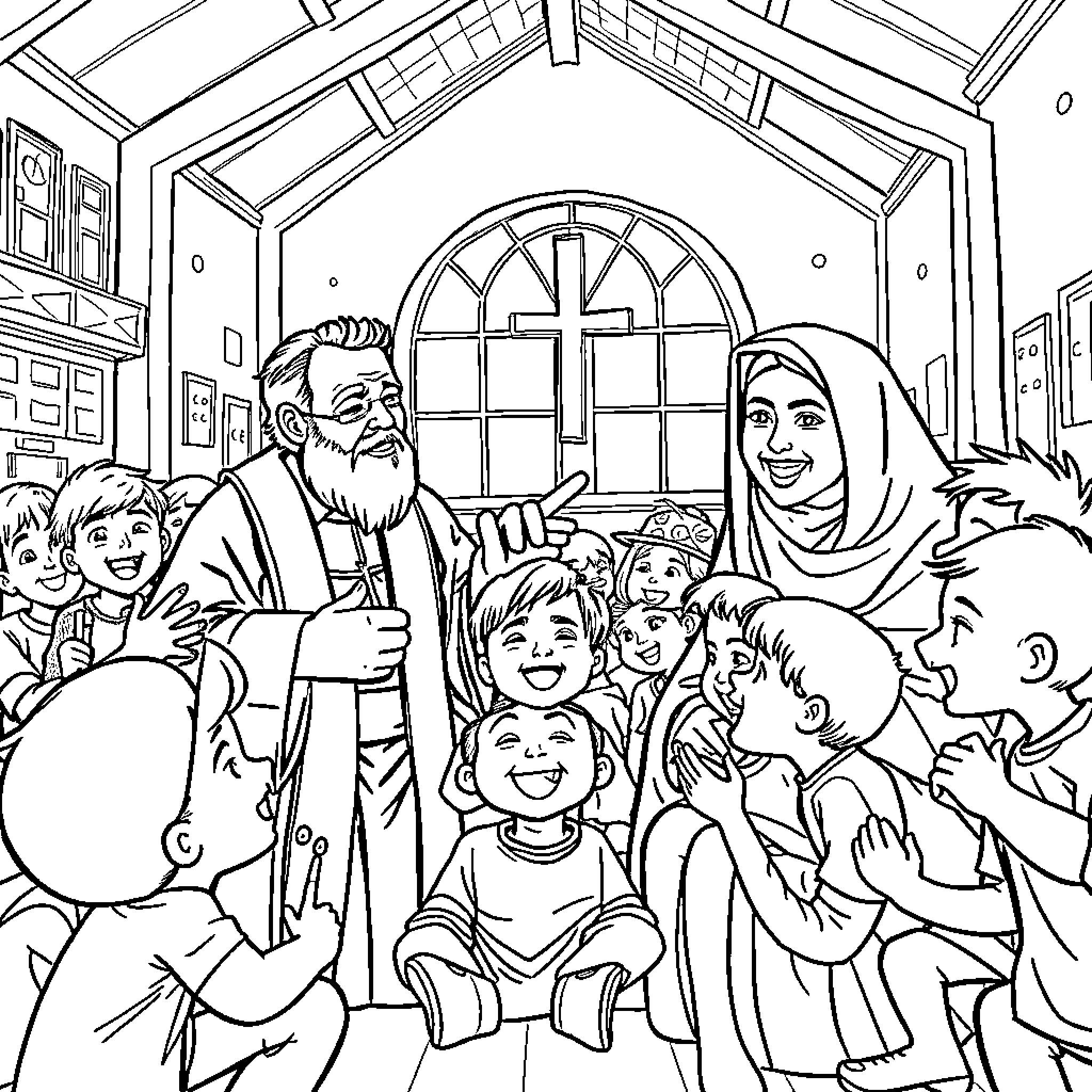 Don Bosco Surrounded by Children in a Church Coloring Page (free black-and-white line drawing printable PDF for all, from beginners to advanced learners, including children, teens, adults, and seniors)