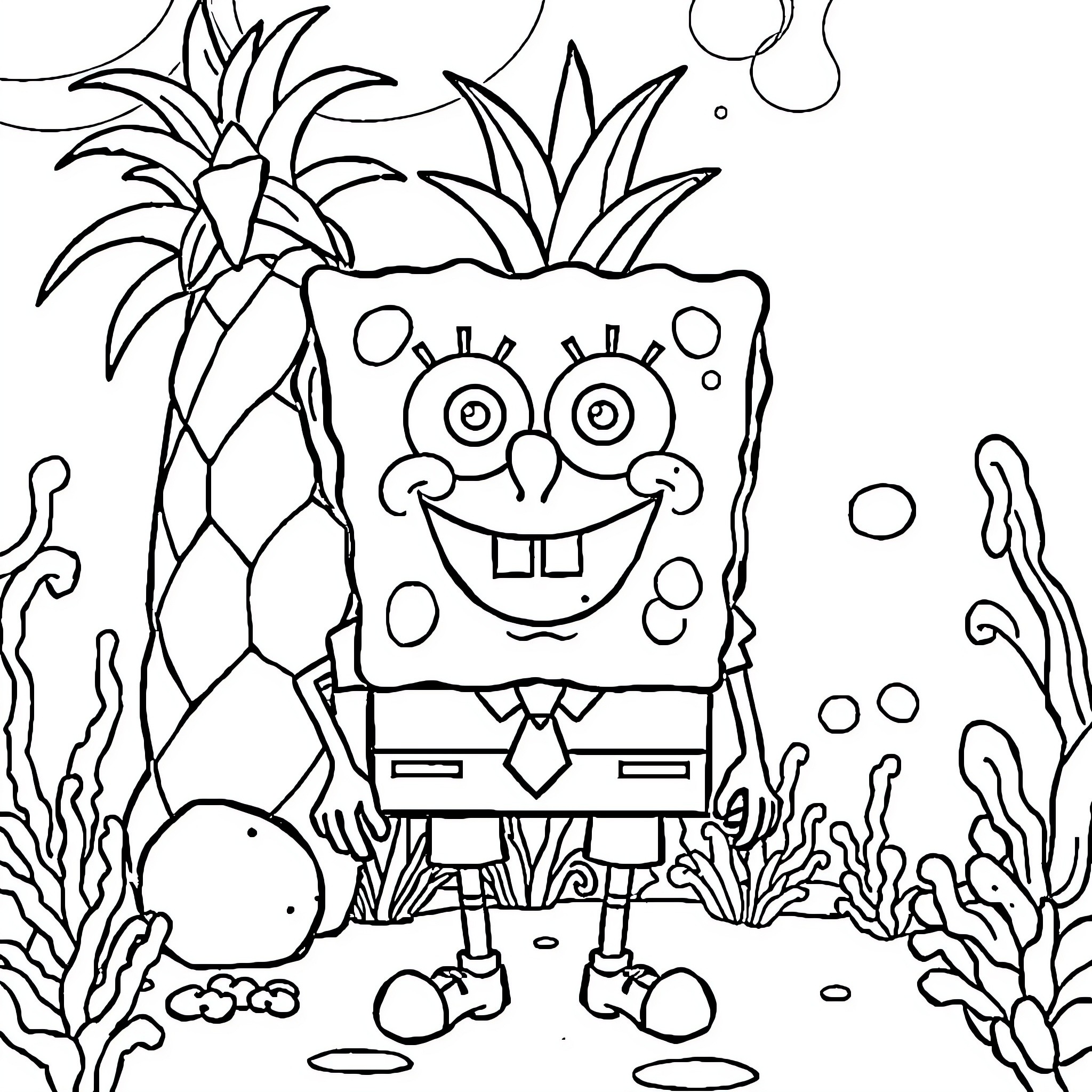 Spongebob's Underwater Adventure Coloring Page (free black-and-white line drawing printable PDF for all, from beginners to advanced learners, including children, teens, adults, and seniors)