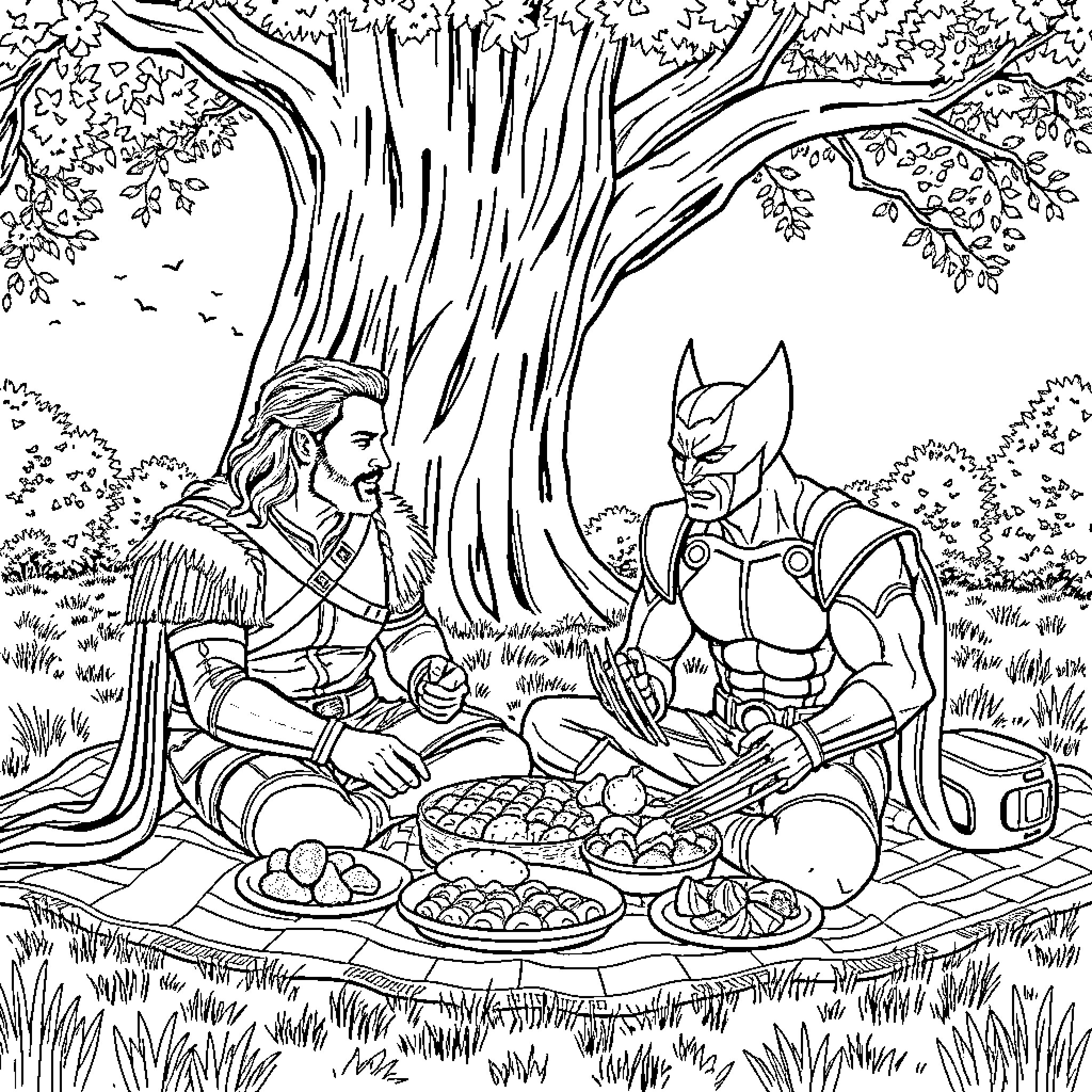 Jaime Lannister and Wolverine Enjoying a Picnic in the Forest Coloring Page (free black-and-white line drawing printable PDF for all, from beginners to advanced learners, including children, teens, adults, and seniors)