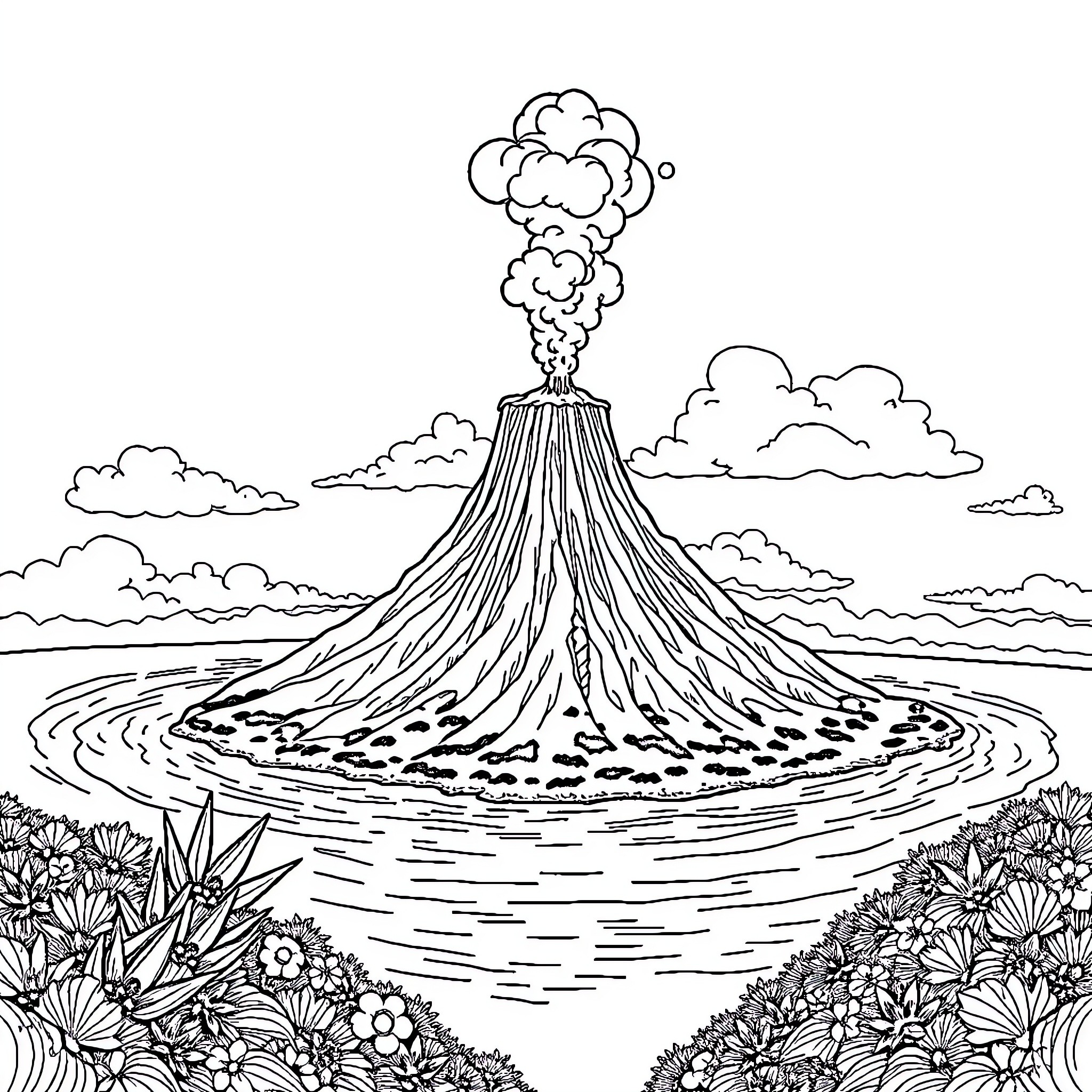 Volcano erupting dramatically in nature scene Coloring Page (free black-and-white line drawing printable PDF for all, from beginners to advanced learners, including children, teens, adults, and seniors)