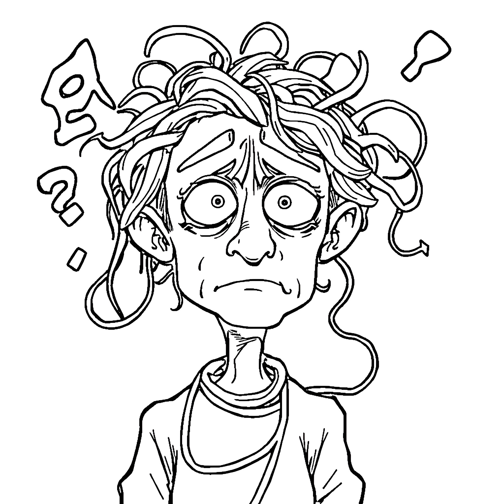Brain Rot: Distressed and Bewildered Character Coloring Page (free black-and-white line drawing printable PDF for all, from beginners to advanced learners, including children, teens, adults, and seniors)