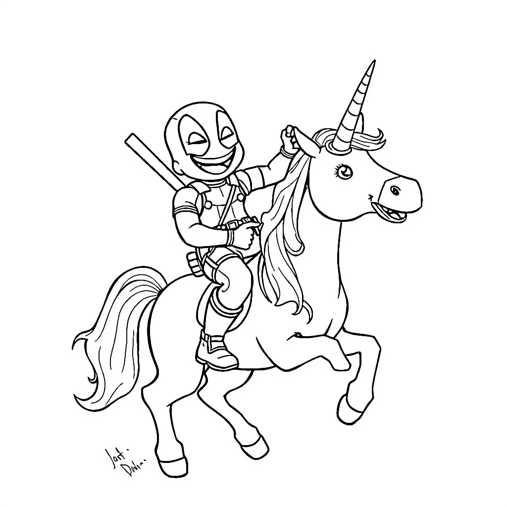 Deadpool's Whimsical Ride on a Unicorn Coloring Page (free black-and-white line drawing printable PDF for all, from beginners to advanced learners, including children, teens, adults, and seniors)