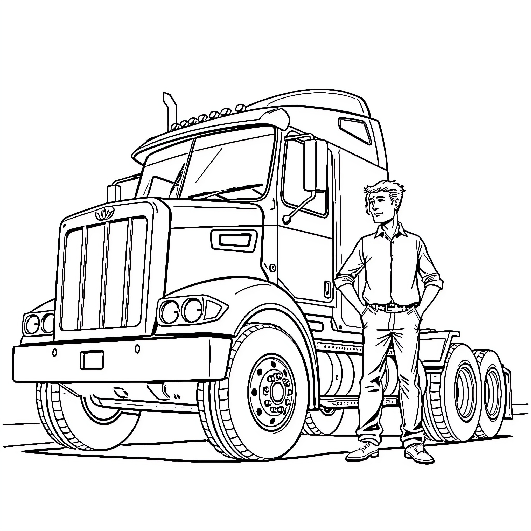 Truck with man standing next to it Coloring Page (free black-and-white line drawing printable PDF for all, from beginners to advanced learners, including children, teens, adults, and seniors)