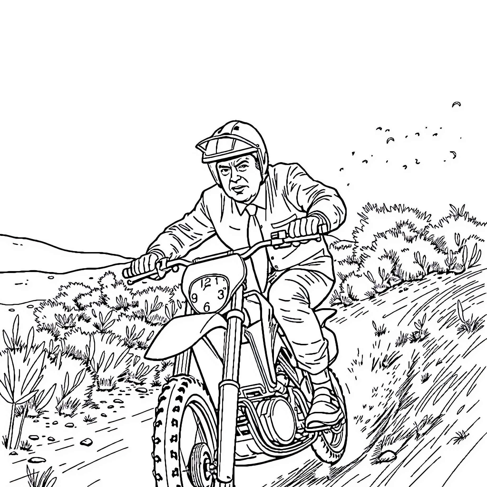 Trump riding dirt bike through rural landscape Coloring Page (free black-and-white line drawing printable PDF for all, from beginners to advanced learners, including children, teens, adults, and seniors)