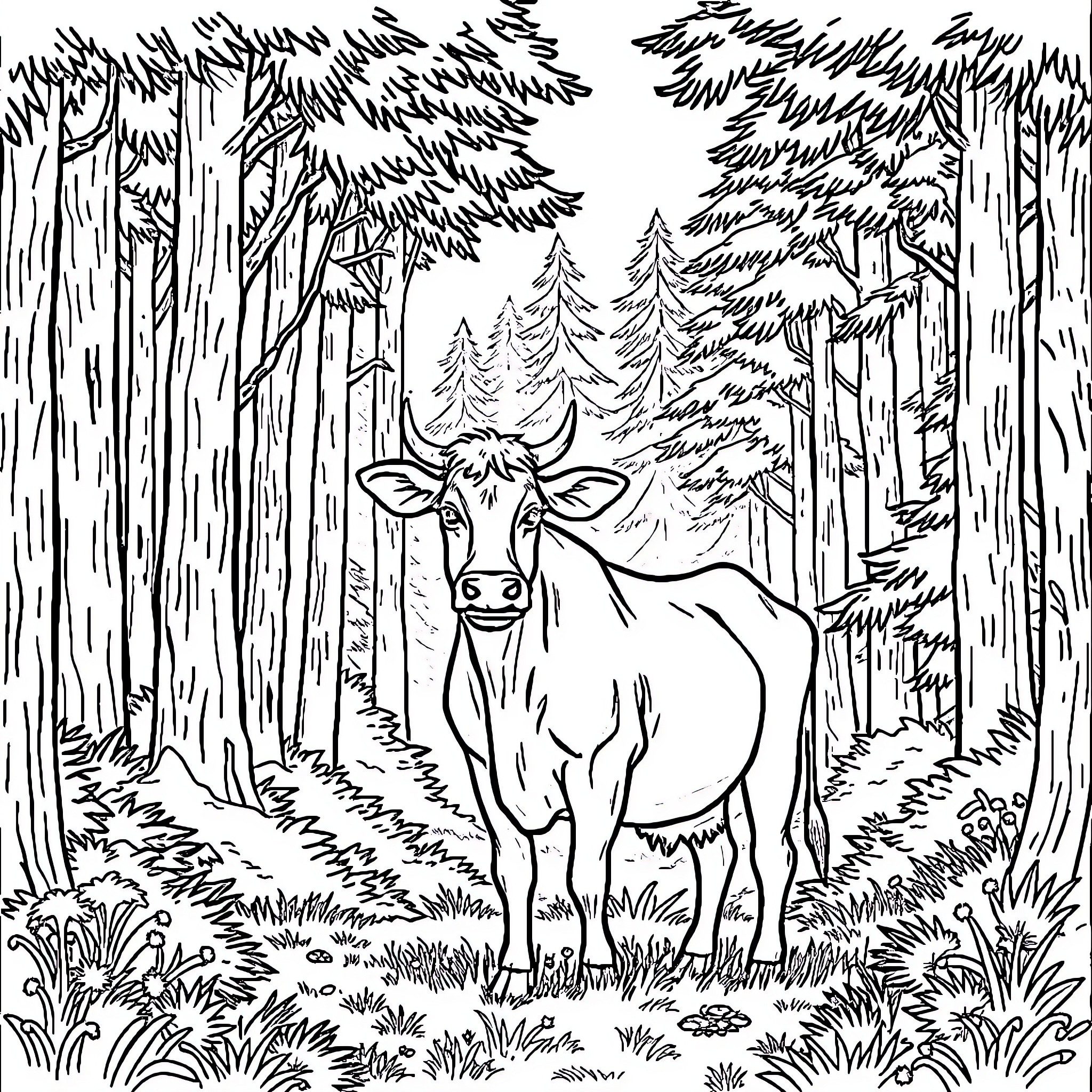 Cow standing in a dense forest Coloring Page (free black-and-white line drawing printable PDF for all, from beginners to advanced learners, including children, teens, adults, and seniors)
