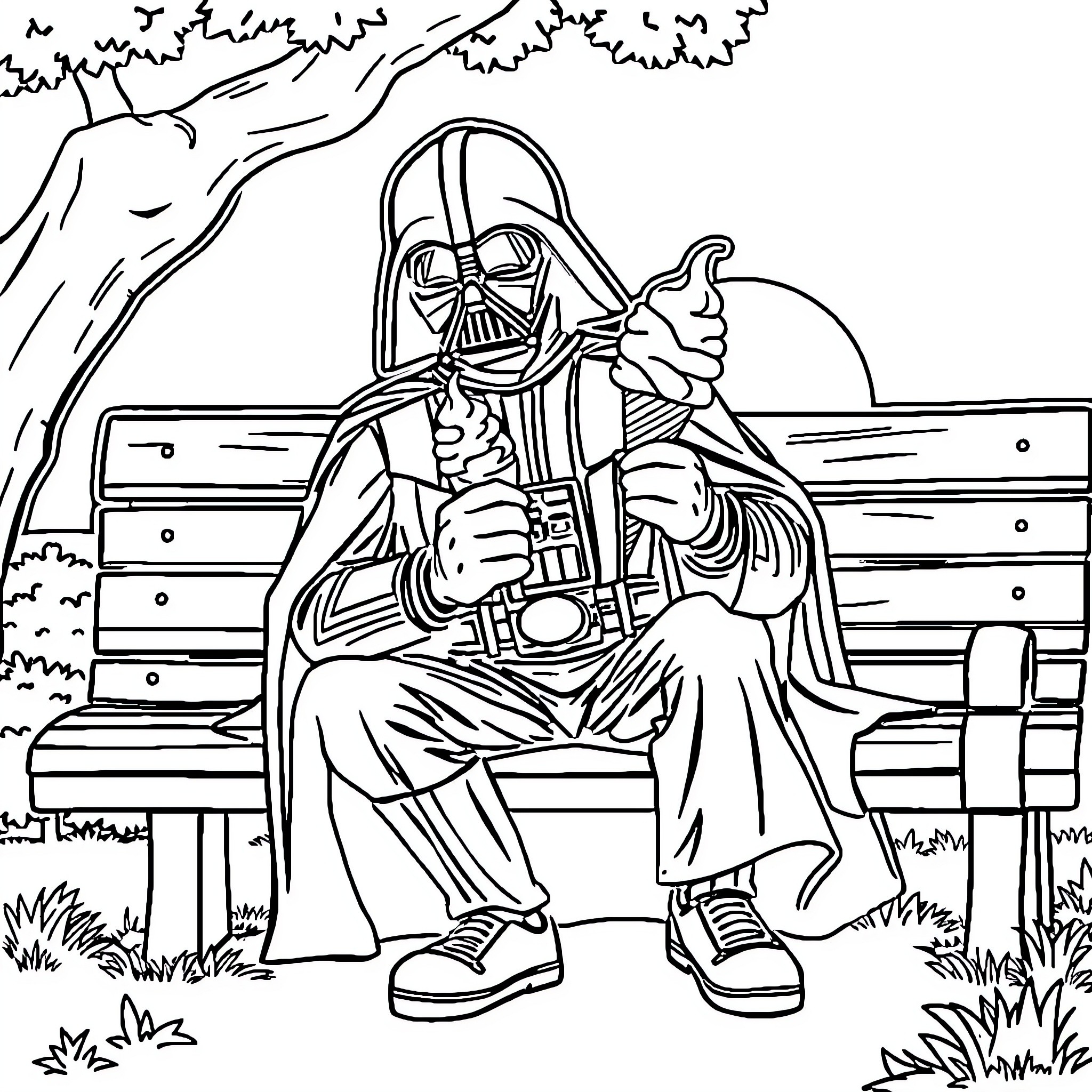 Darth Vader sitting on a bench in a peaceful outdoor setting Coloring Page (free black-and-white line drawing printable PDF for all, from beginners to advanced learners, including children, teens, adults, and seniors)