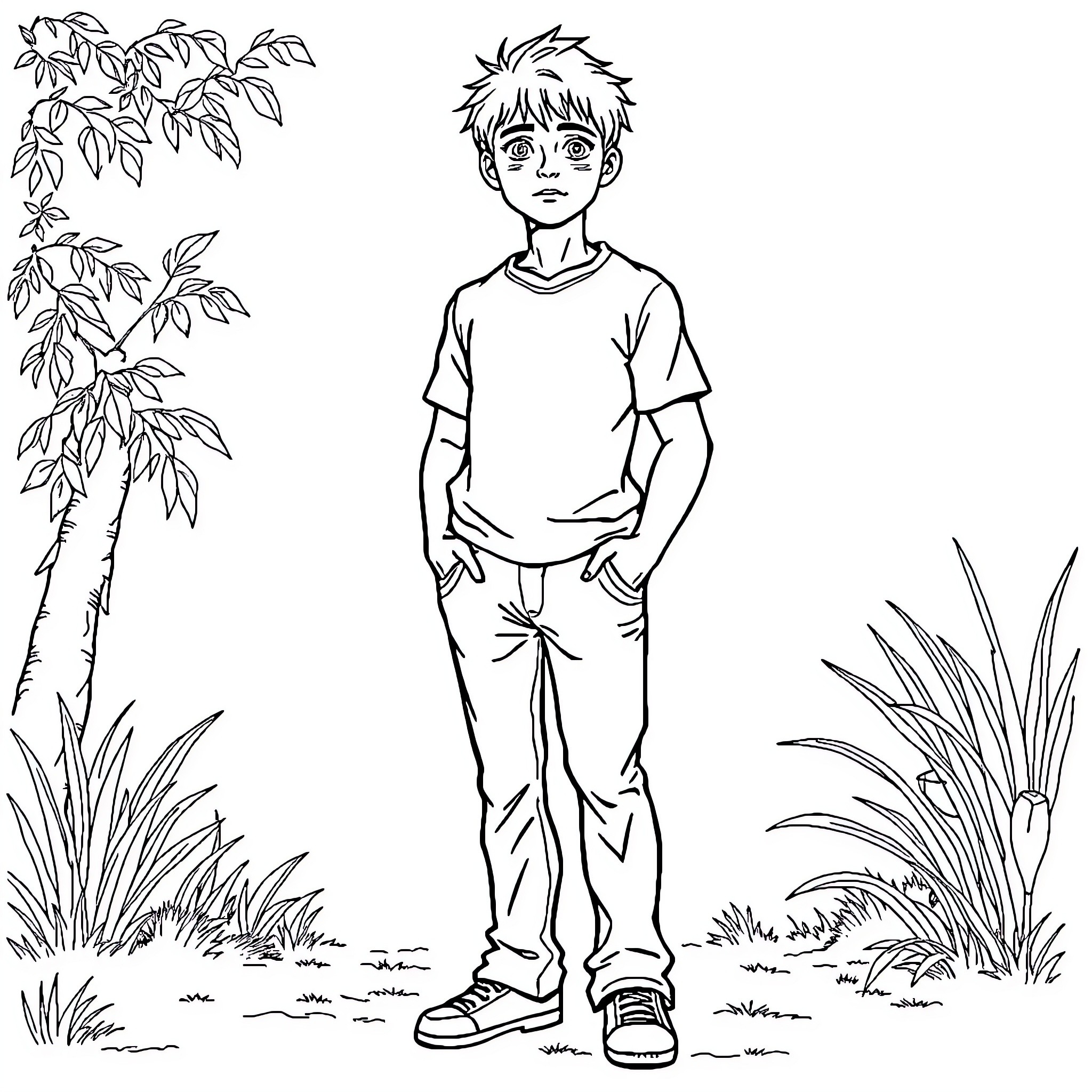 Person standing in outdoor nature scene Coloring Page (free black-and-white line drawing printable PDF for all, from beginners to advanced learners, including children, teens, adults, and seniors)
