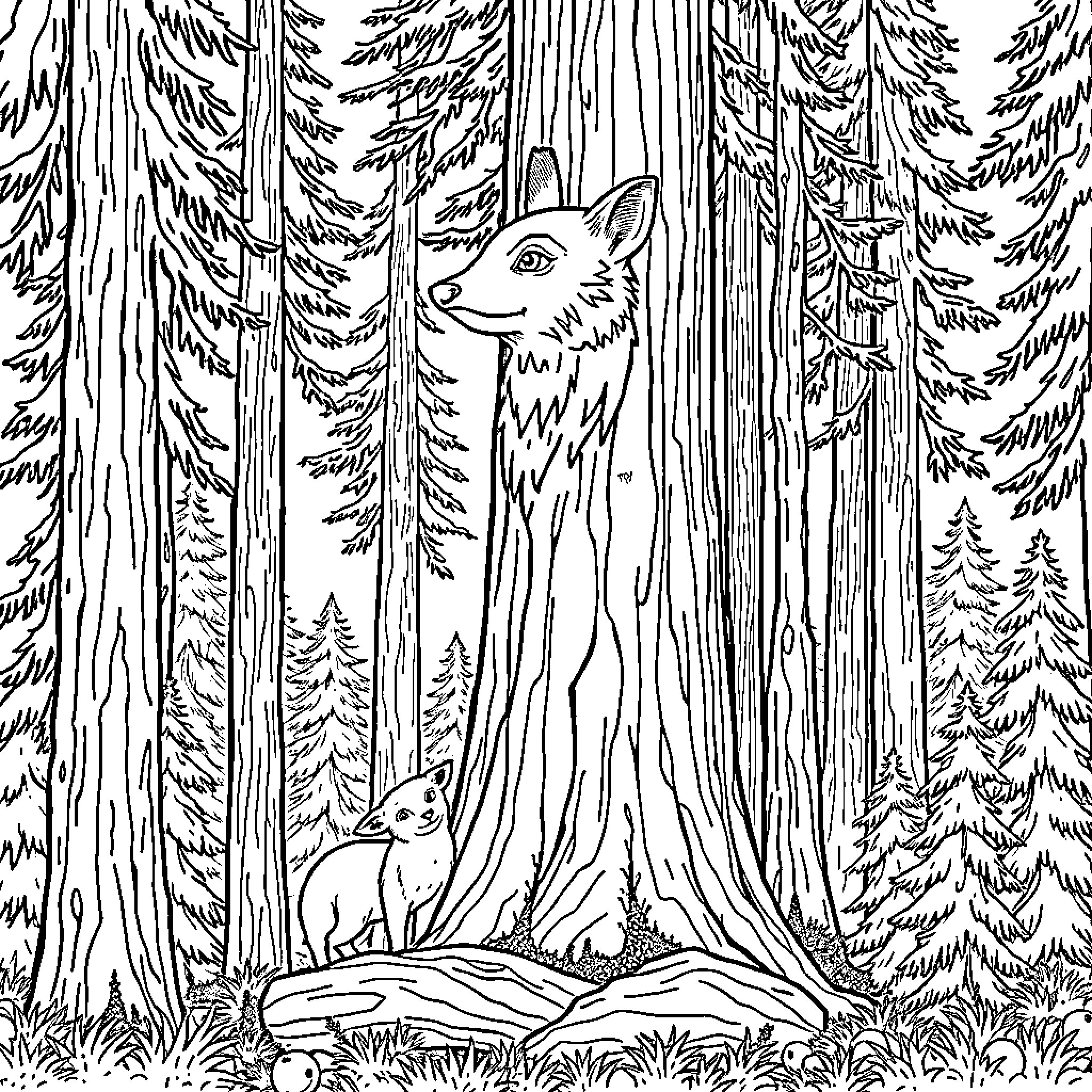 Bear peeking curiously through forest trees Coloring Page (free black-and-white line drawing printable PDF for all, from beginners to advanced learners, including children, teens, adults, and seniors)