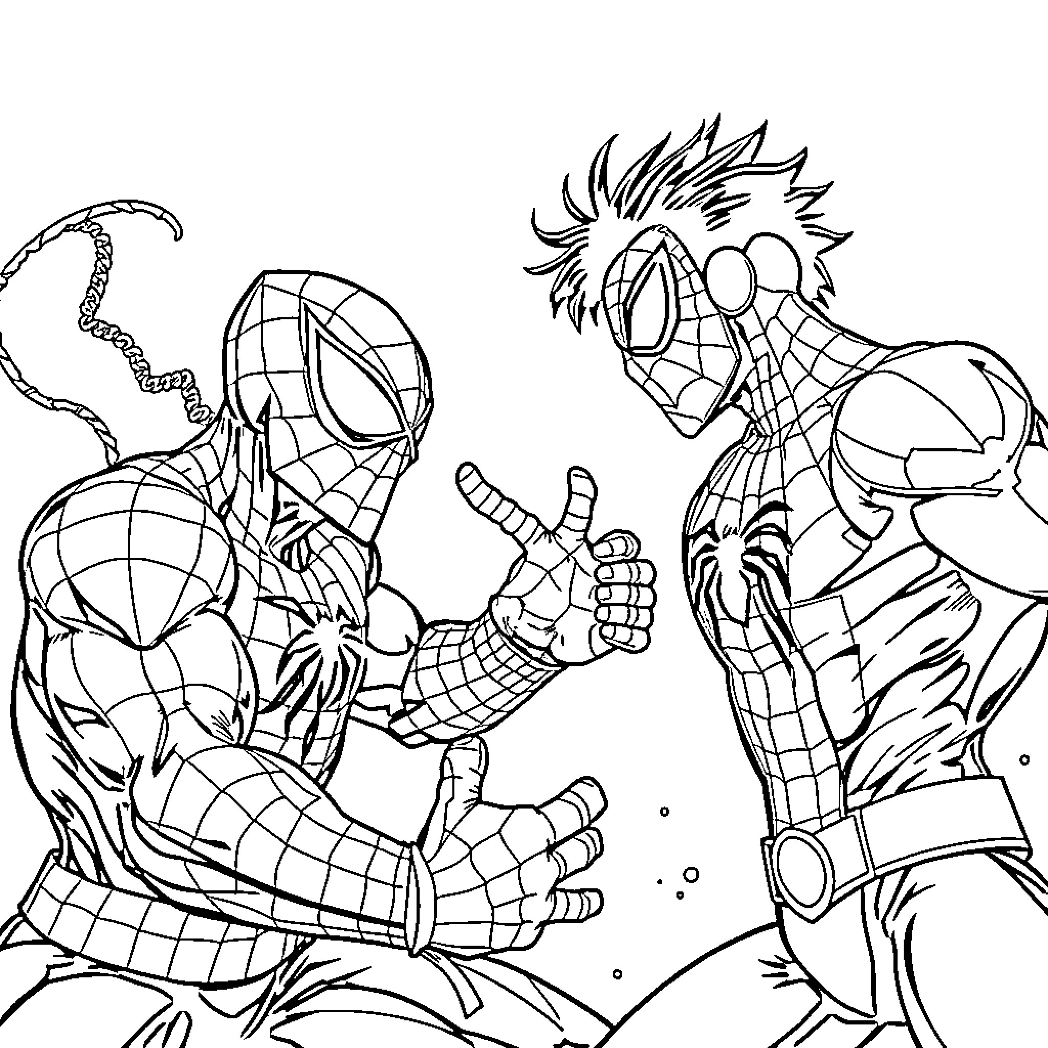 Sangoku Superheroes in Epic Battle Coloring Page (free black-and-white line drawing printable PDF for all, from beginners to advanced learners, including children, teens, adults, and seniors)