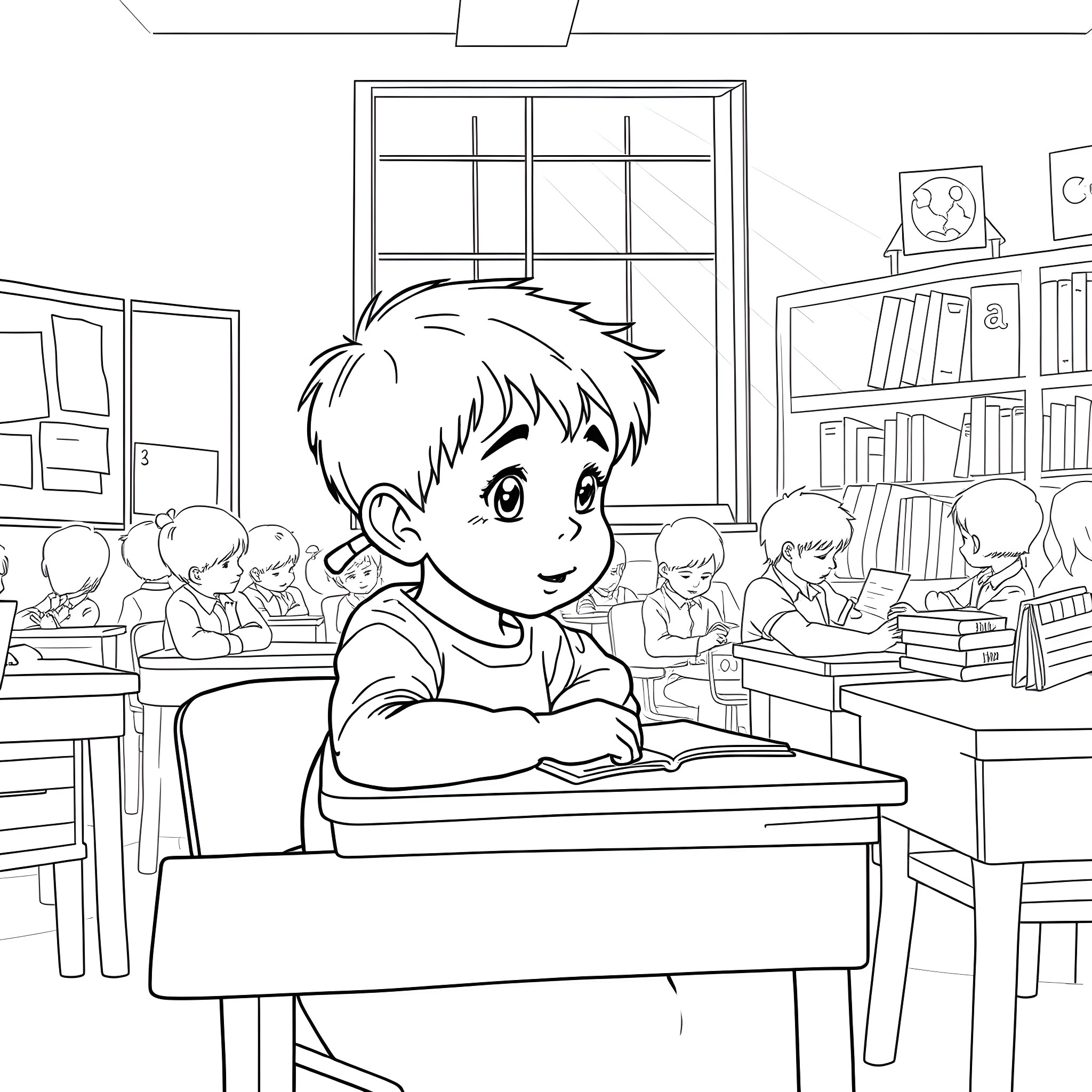 Boy sitting in classroom, studying diligently Coloring Page (free black-and-white line drawing printable PDF for all, from beginners to advanced learners, including children, teens, adults, and seniors)