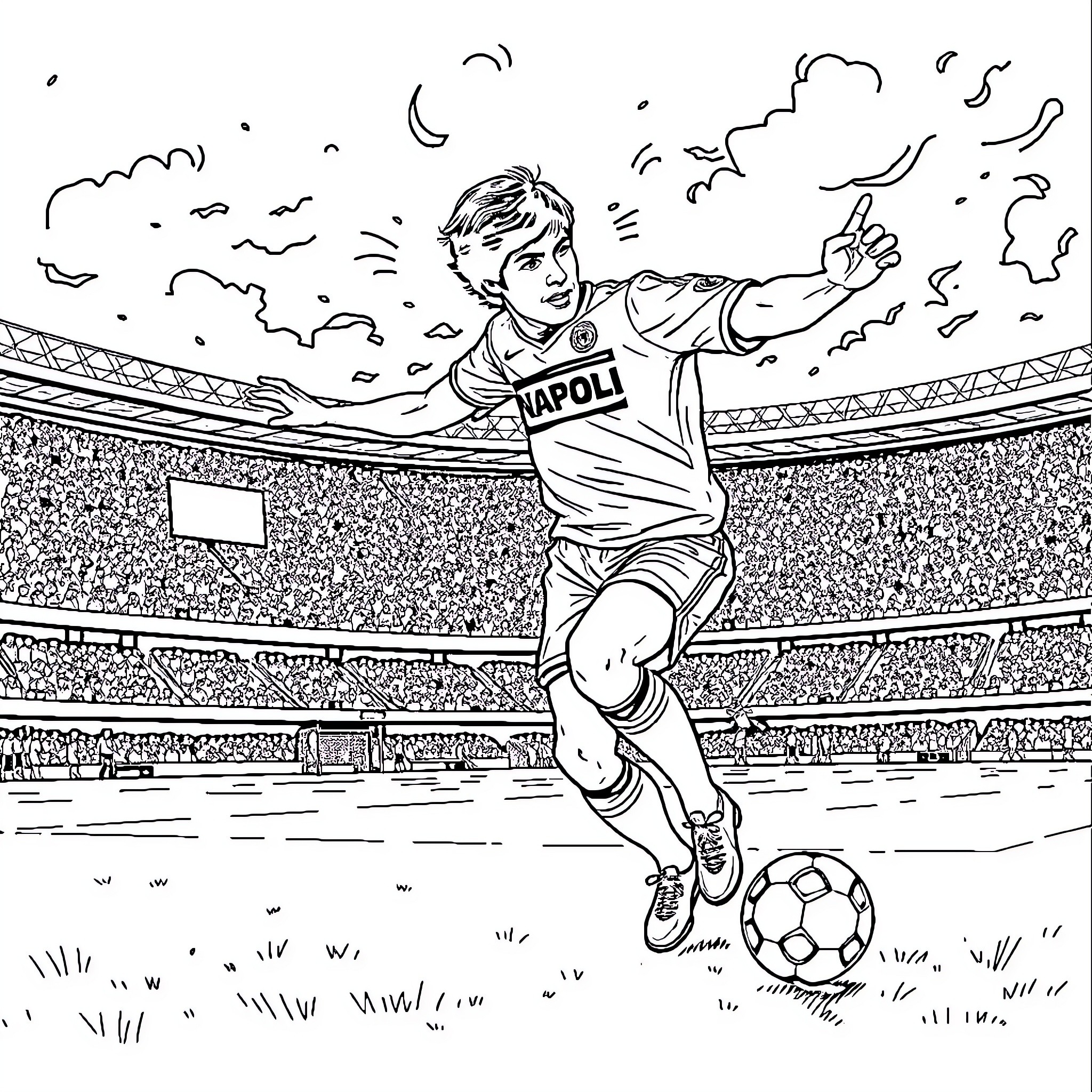 Maradona's Legendary Football Celebration Coloring Page (free black-and-white line drawing printable PDF for all, from beginners to advanced learners, including children, teens, adults, and seniors)