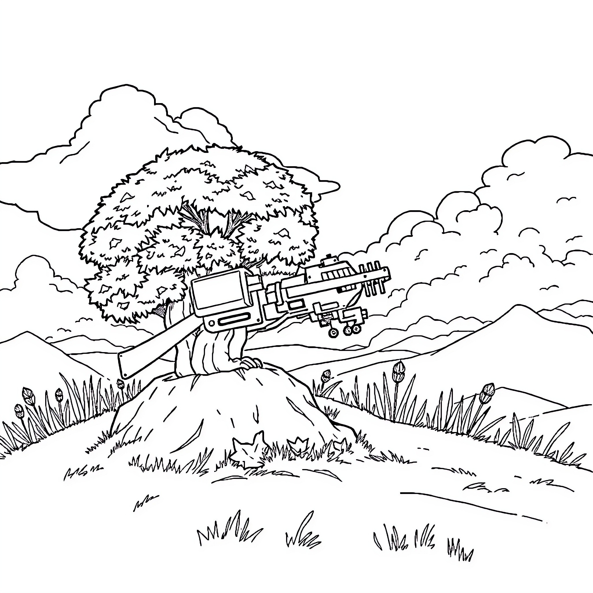 Farm Landscape with Country House and Tree Coloring Page (free black-and-white line drawing printable PDF for all, from beginners to advanced learners, including children, teens, adults, and seniors)