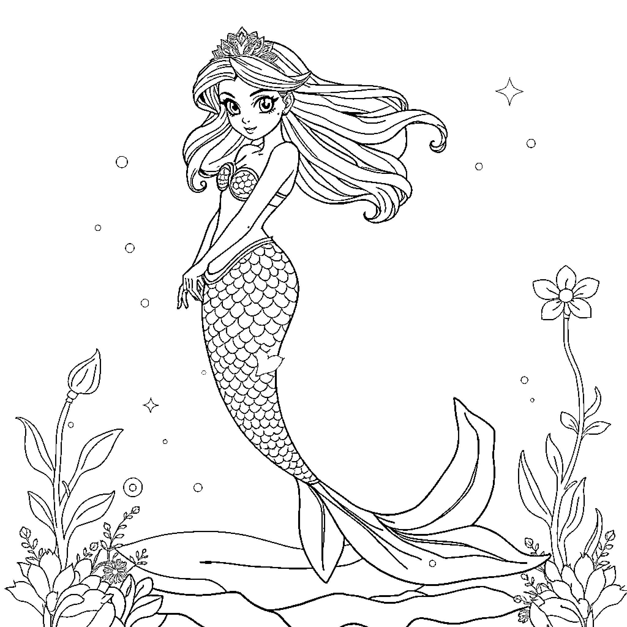 Mermaid swimming gracefully in underwater garden Coloring Page (free black-and-white line drawing printable PDF for all, from beginners to advanced learners, including children, teens, adults, and seniors)