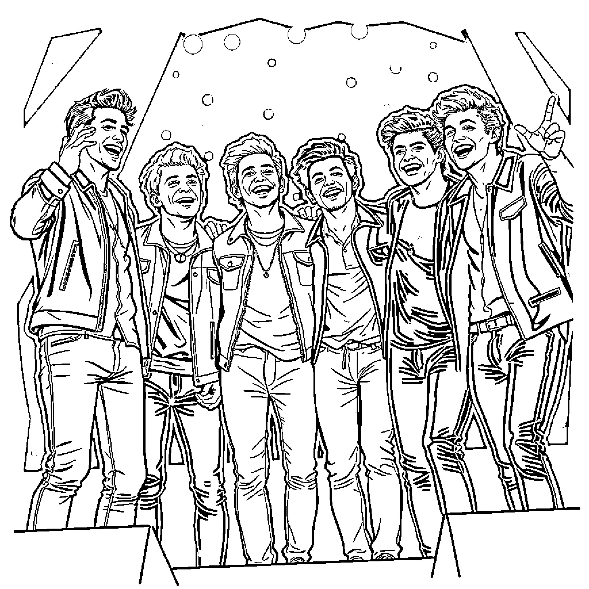 Nsync posing joyfully on stage Coloring Page (free black-and-white line drawing printable PDF for all, from beginners to advanced learners, including children, teens, adults, and seniors)