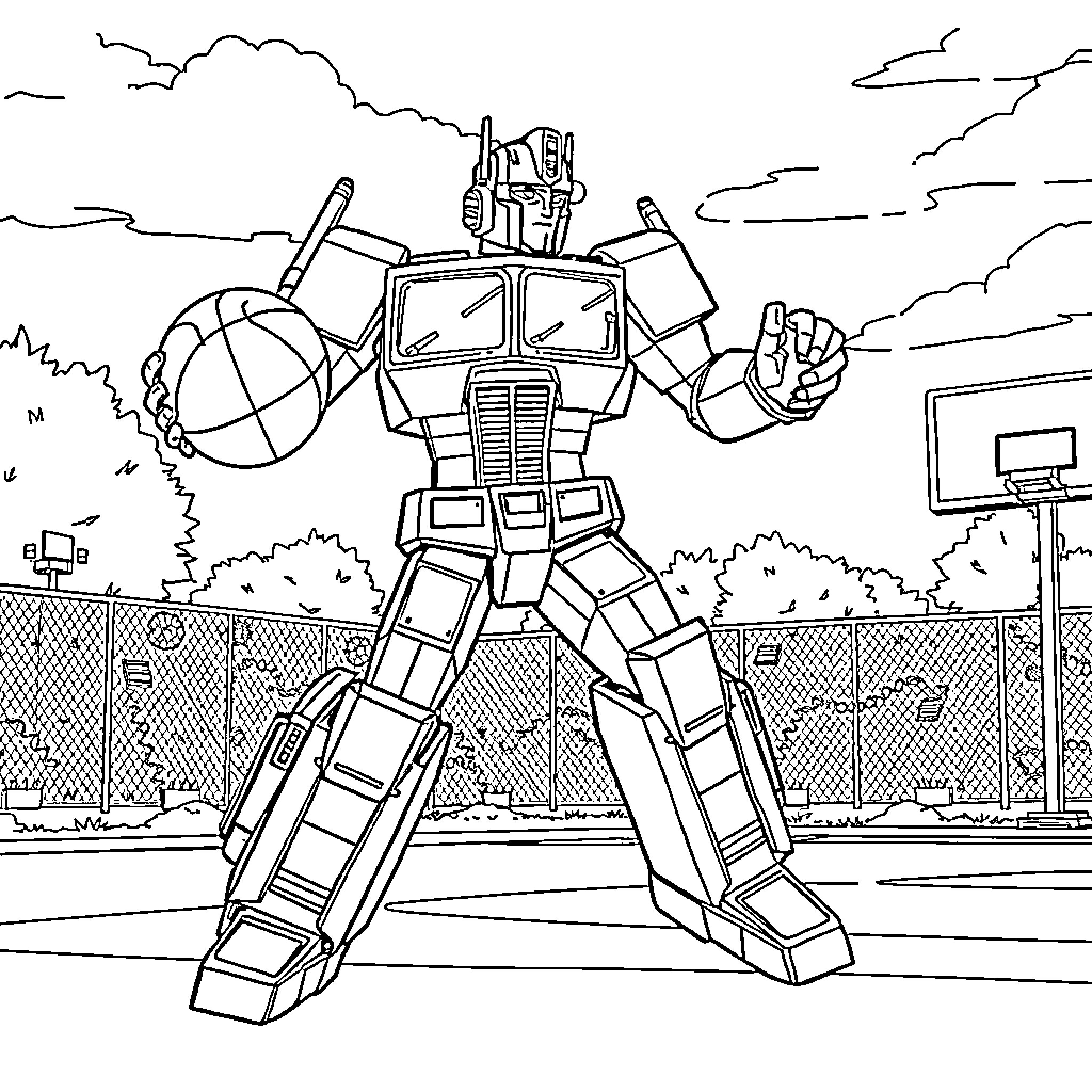 Optimus Prime triumphantly stands in a cityscape Coloring Page (free black-and-white line drawing printable PDF for all, from beginners to advanced learners, including children, teens, adults, and seniors)