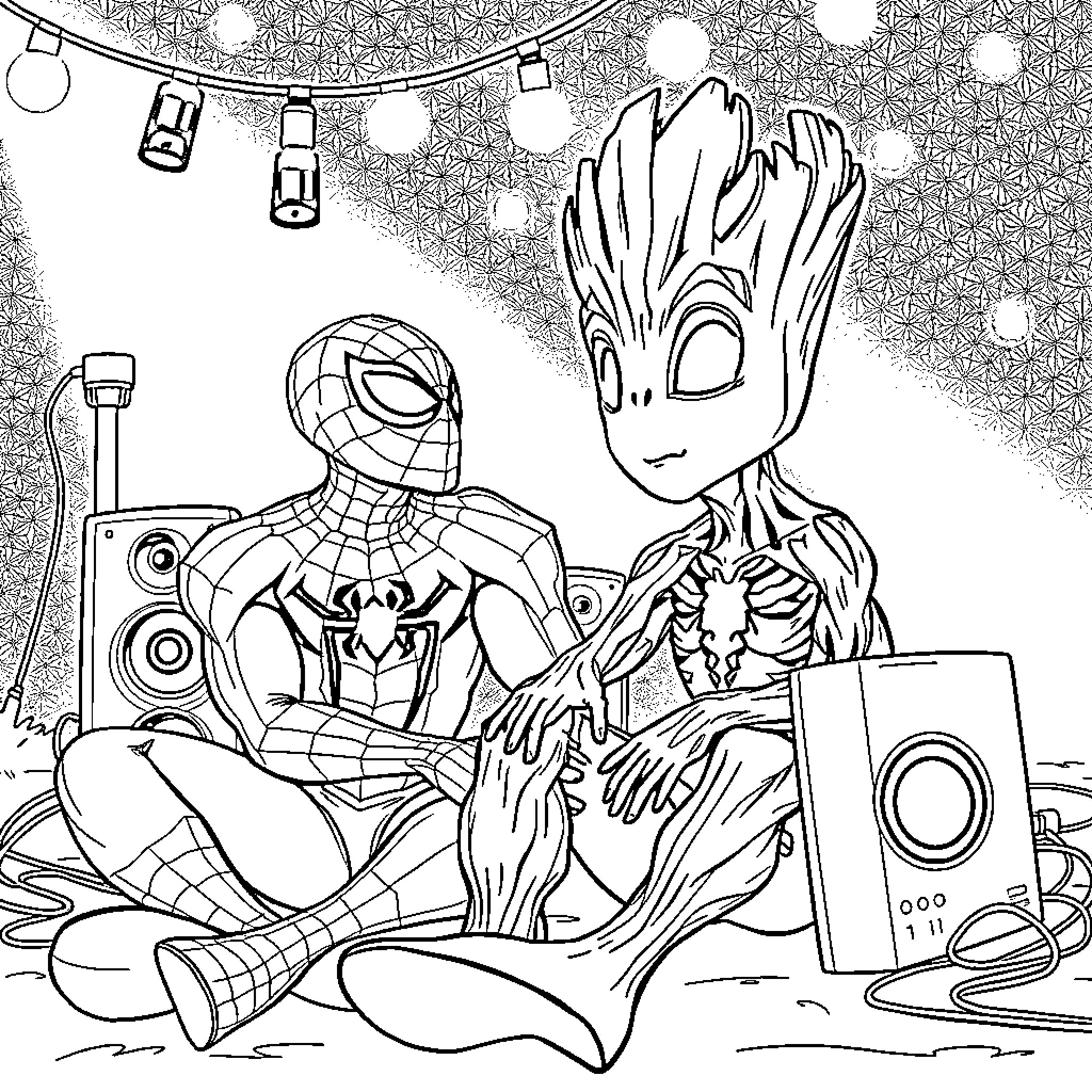 Spider-Man and Groot Enjoying Music at a Party Coloring Page (free black-and-white line drawing printable PDF for all, from beginners to advanced learners, including children, teens, adults, and seniors)