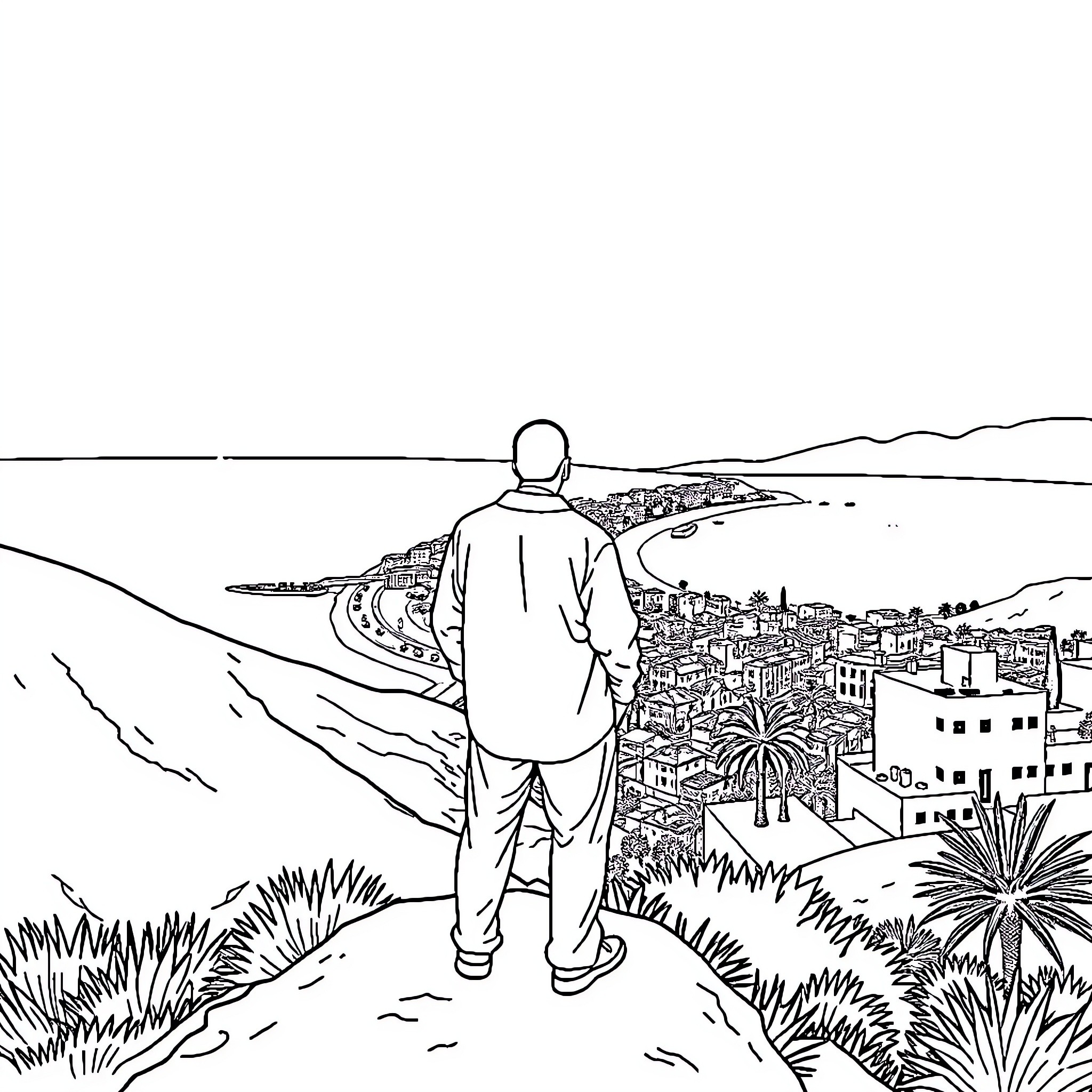 Mobutu overlooking the bustling coastal town Coloring Page (free black-and-white line drawing printable PDF for all, from beginners to advanced learners, including children, teens, adults, and seniors)