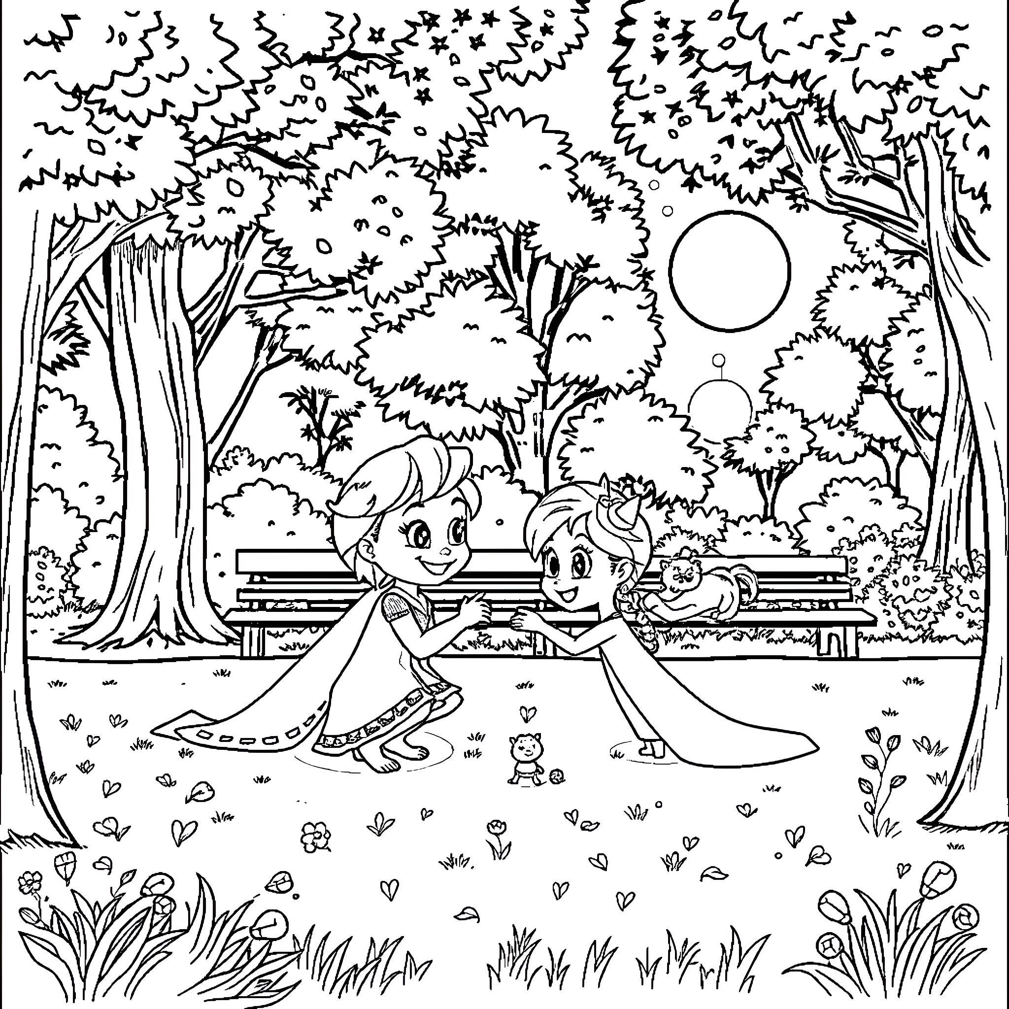 Bluey's Enchanted Forest Adventure Coloring Page (free black-and-white line drawing printable PDF for all, from beginners to advanced learners, including children, teens, adults, and seniors)