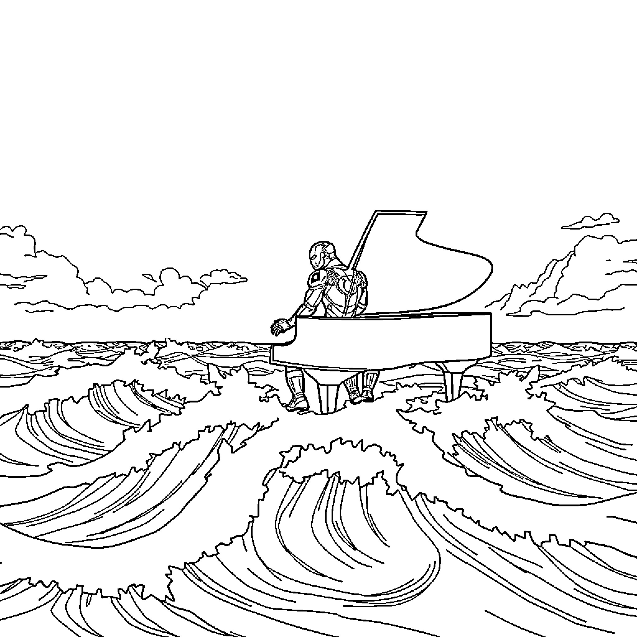 Iron Man playing piano on stormy ocean waves Coloring Page (free black-and-white line drawing printable PDF for all, from beginners to advanced learners, including children, teens, adults, and seniors)