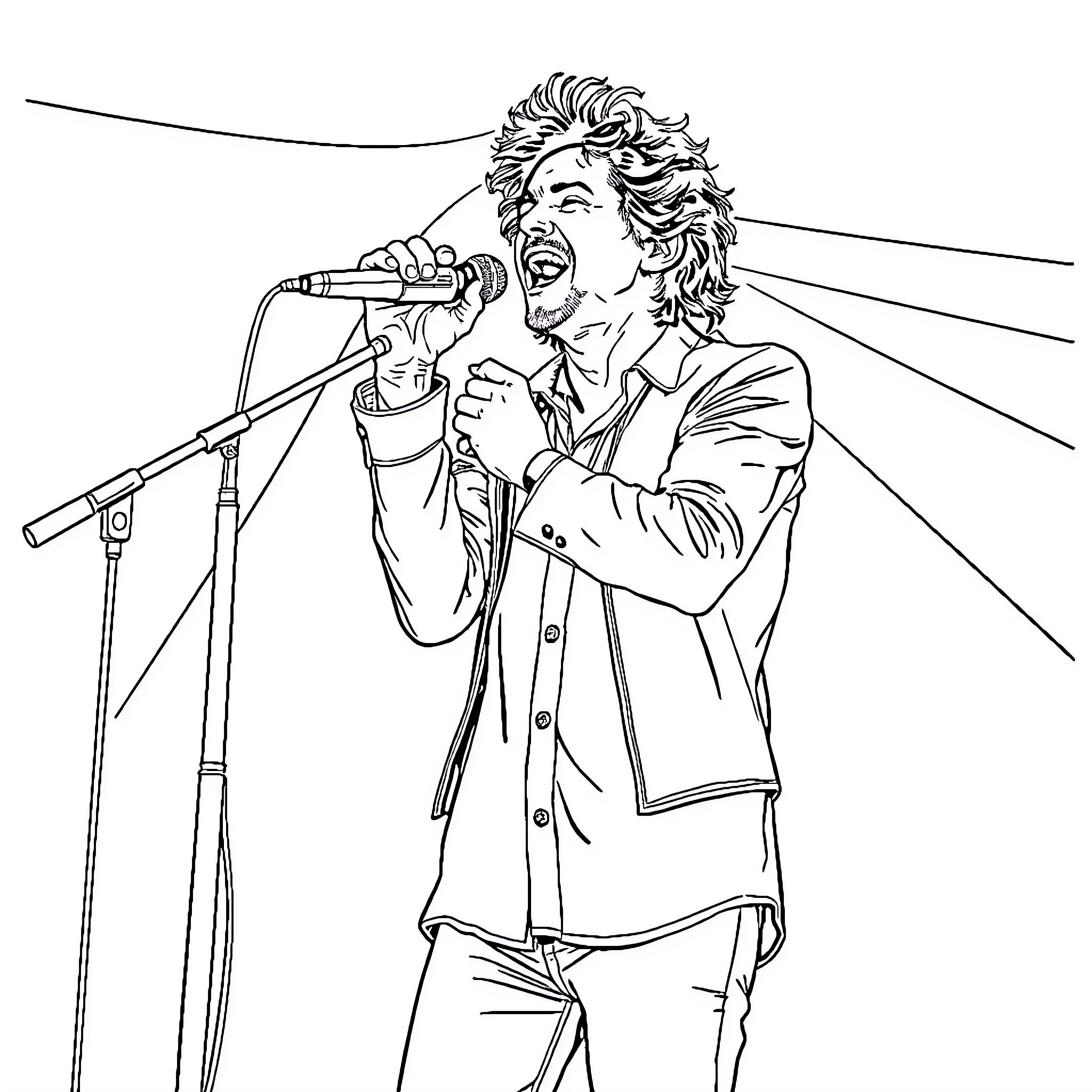 Enrique Bunbury performing on stage with microphone Coloring Page (free black-and-white line drawing printable PDF for all, from beginners to advanced learners, including children, teens, adults, and seniors)