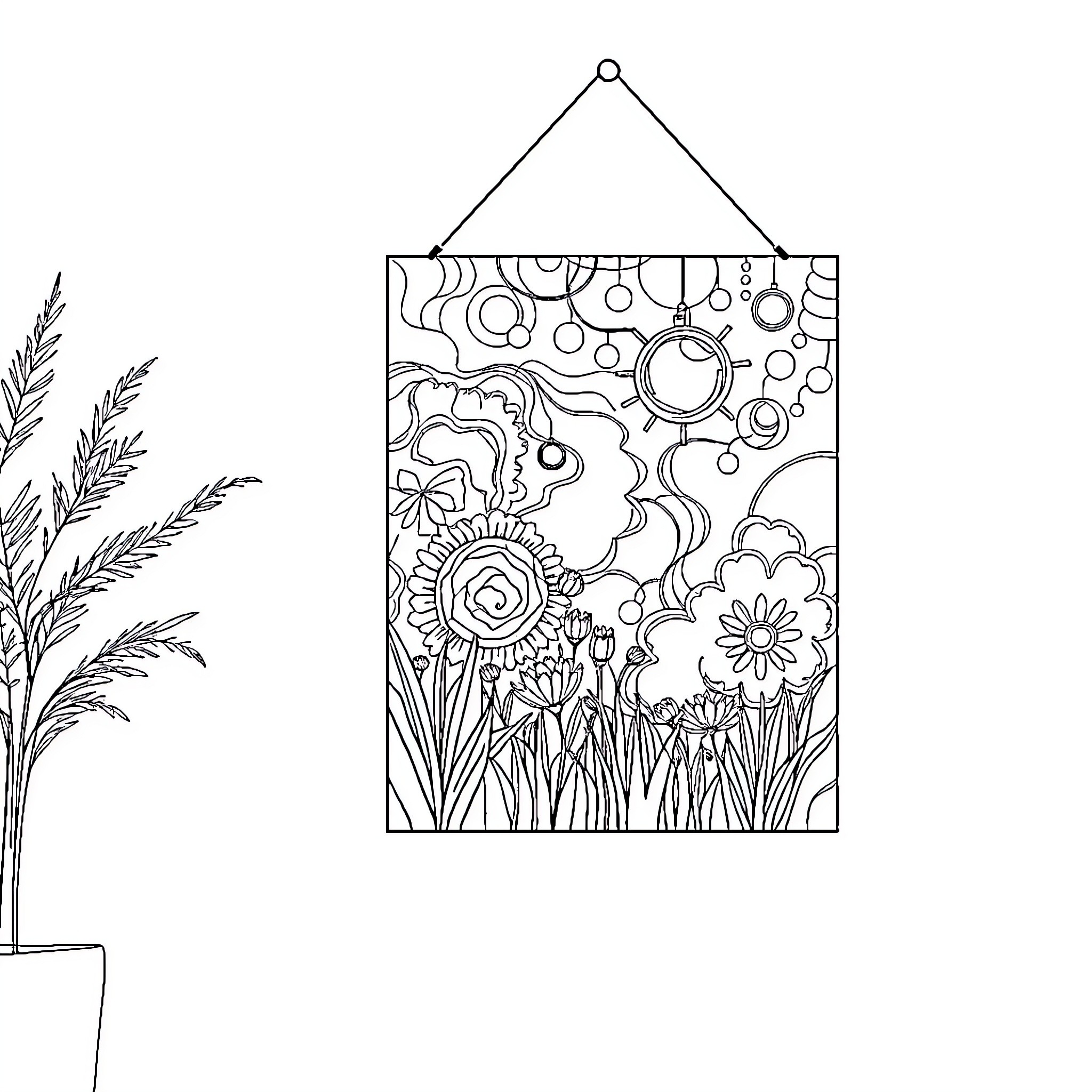 Painting of Floral Decoration with Hanging Frame Coloring Page (free black-and-white line drawing printable PDF for all, from beginners to advanced learners, including children, teens, adults, and seniors)