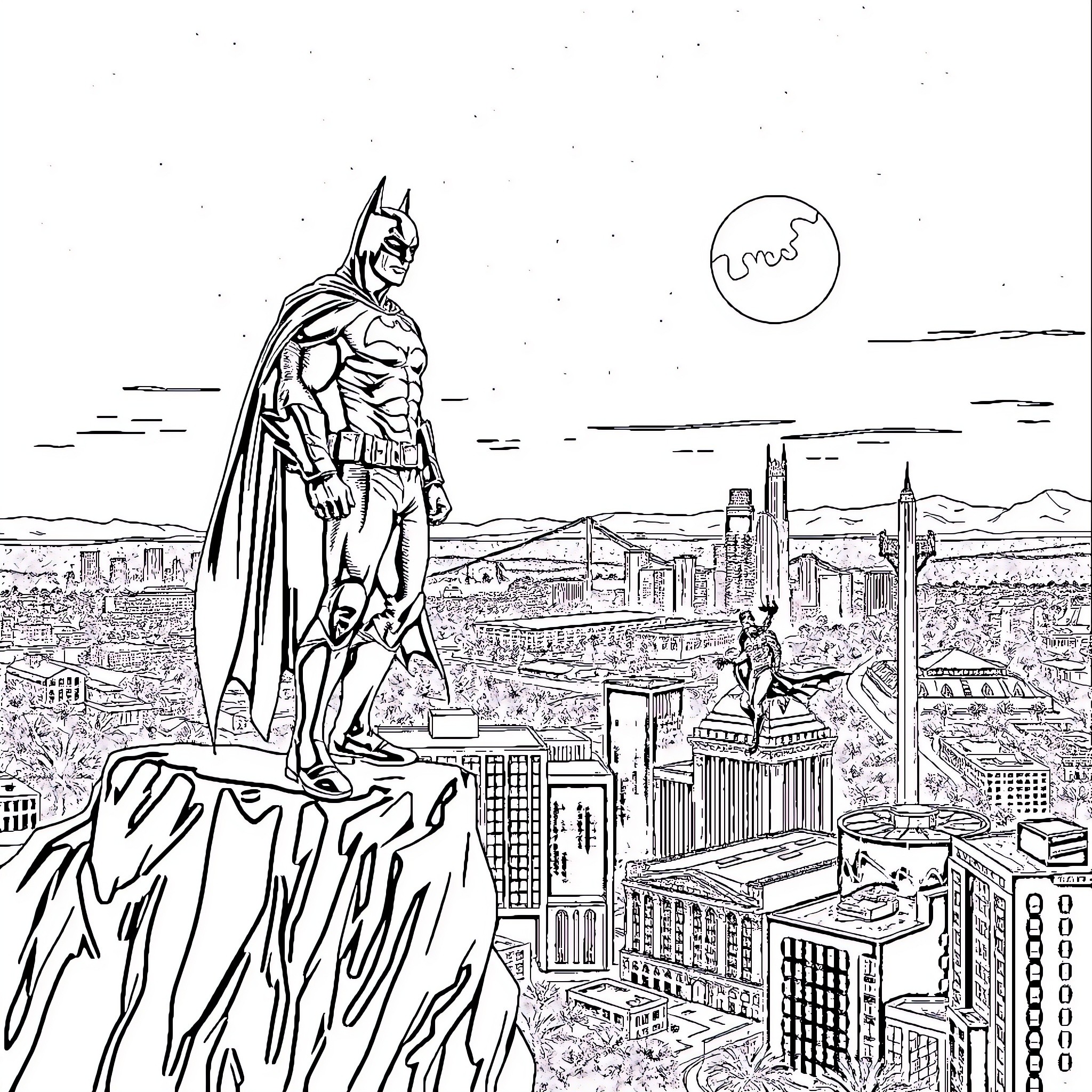 Batman overlooking the city skyline Coloring Page (free black-and-white line drawing printable PDF for all, from beginners to advanced learners, including children, teens, adults, and seniors)