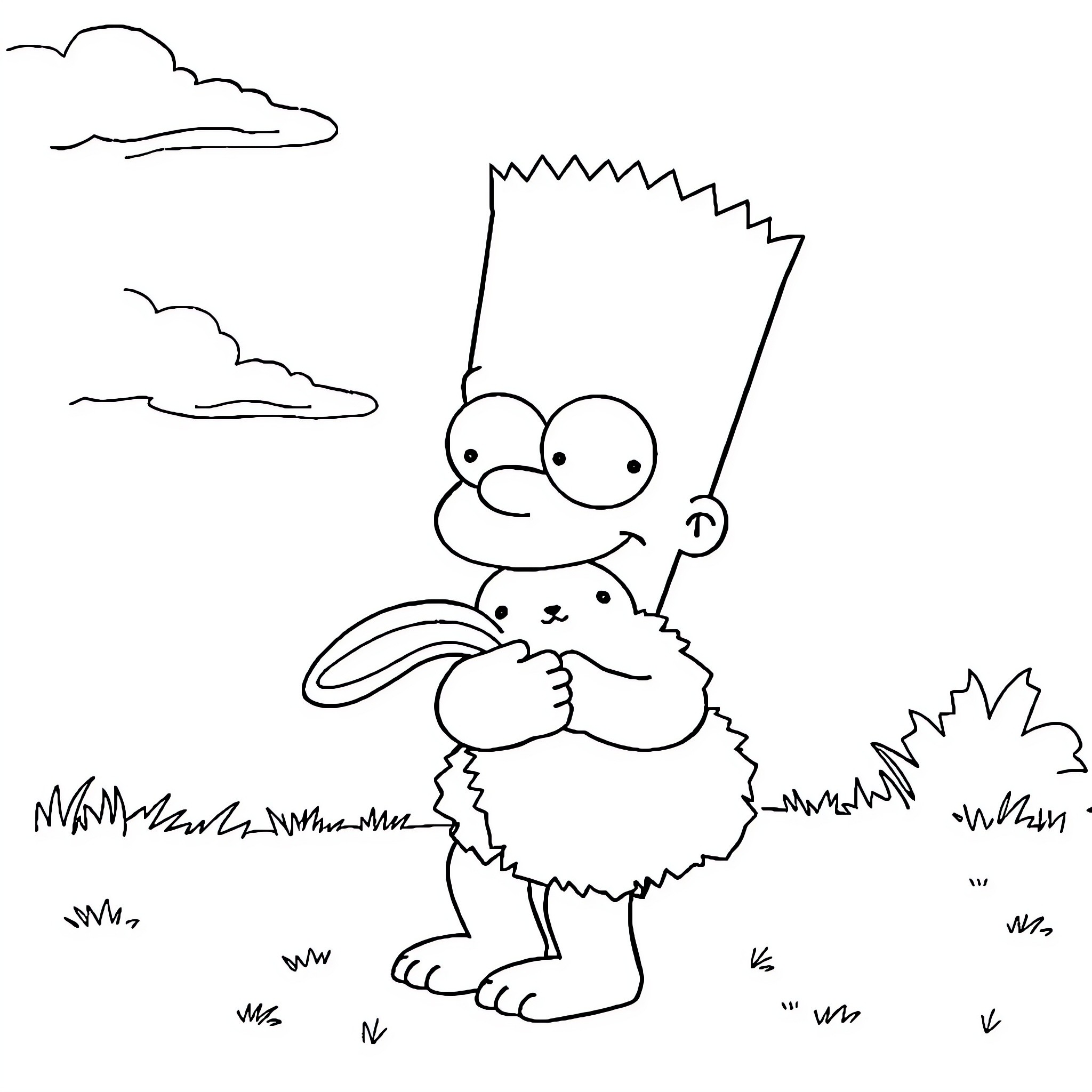 Bart Simpson enjoying time with a bunny in the outdoors Coloring Page (free black-and-white line drawing printable PDF for all, from beginners to advanced learners, including children, teens, adults, and seniors)