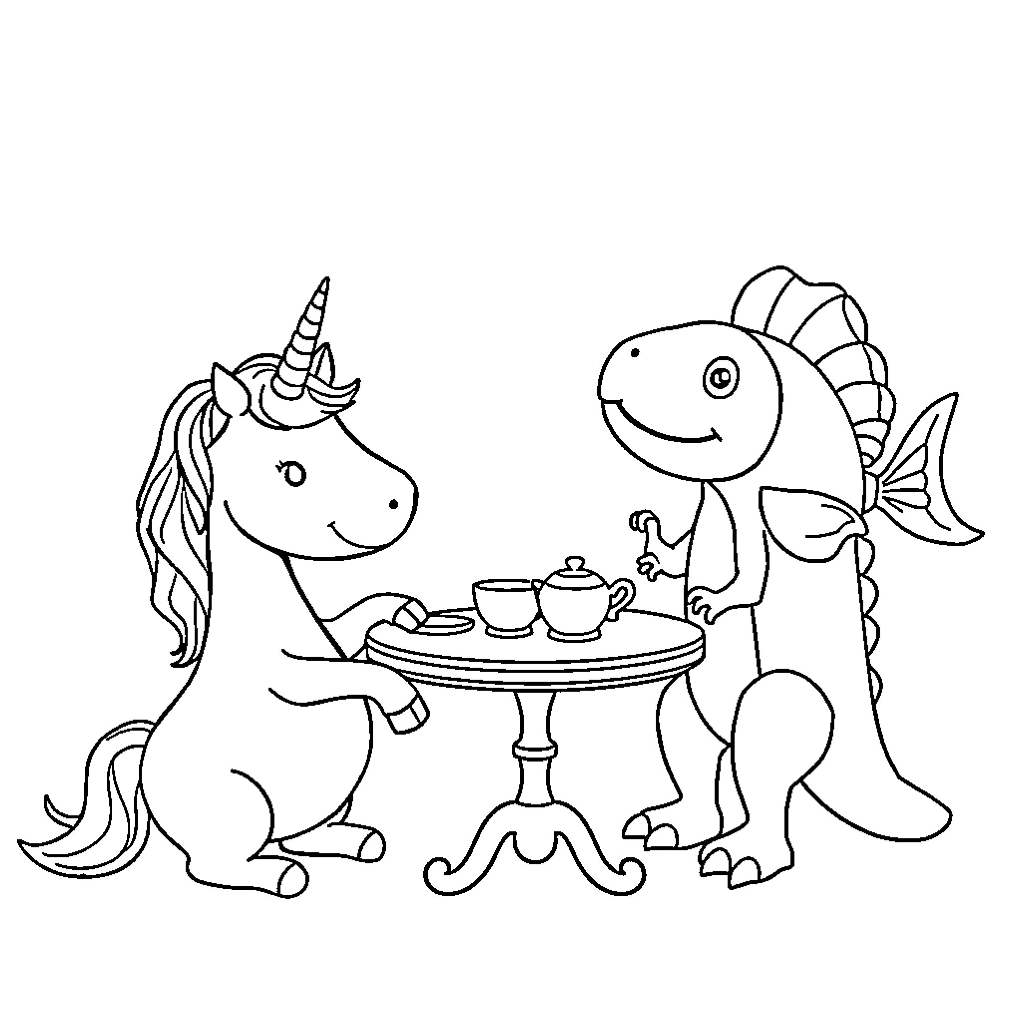 Unicorn and Fish Sharing Tea Together Coloring Page (free black-and-white line drawing printable PDF for all, from beginners to advanced learners, including children, teens, adults, and seniors)