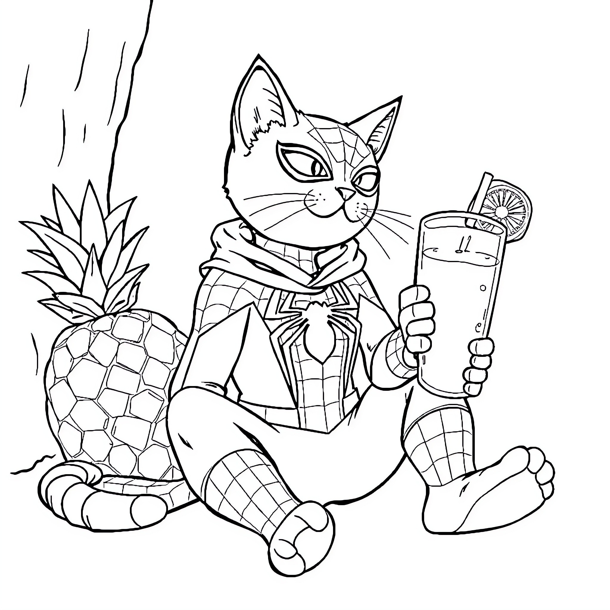 Gato enjoying a tropical drink near pineapple Coloring Page (free black-and-white line drawing printable PDF for all, from beginners to advanced learners, including children, teens, adults, and seniors)