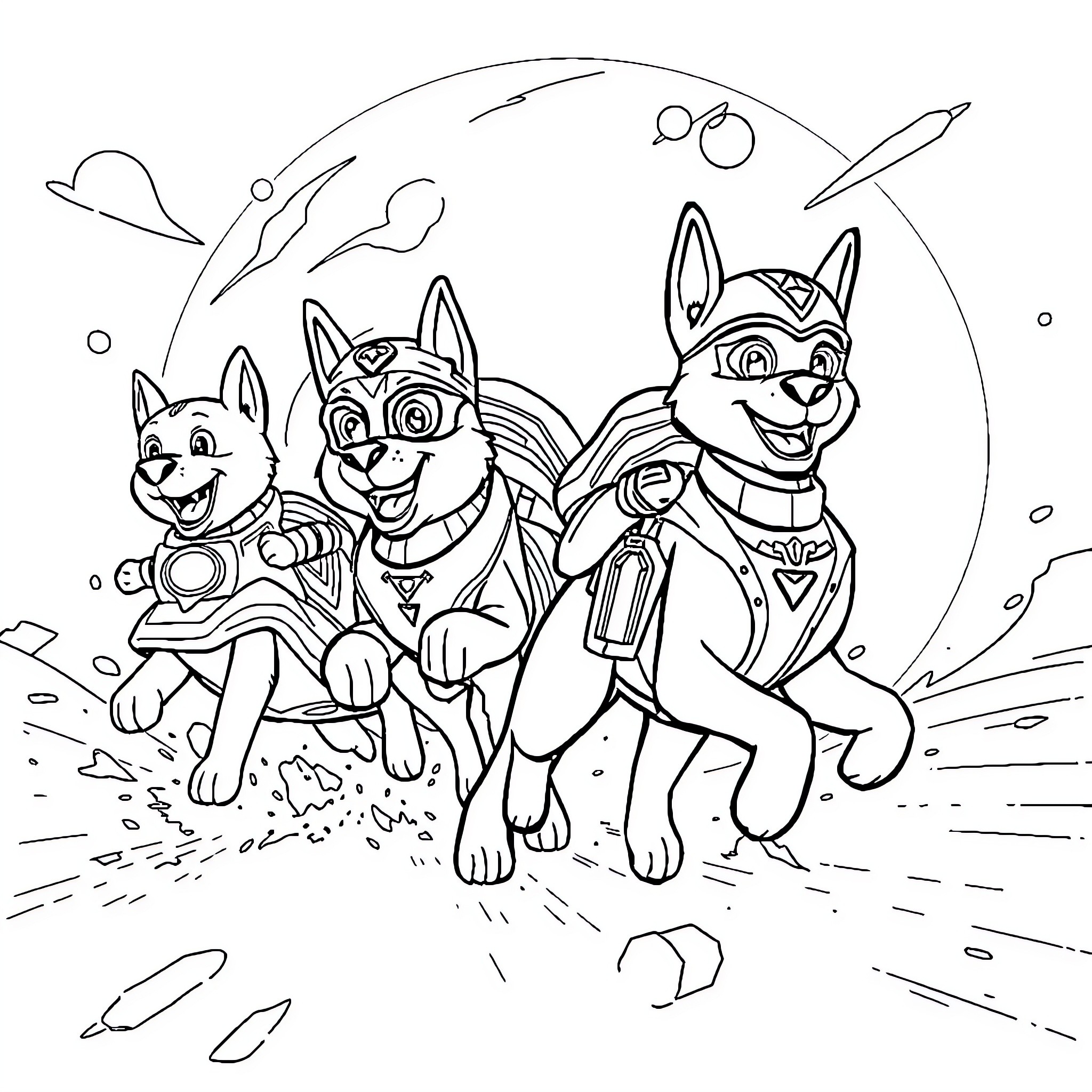 Paw Patrol pups on an adventure Coloring Page (free black-and-white line drawing printable PDF for all, from beginners to advanced learners, including children, teens, adults, and seniors)