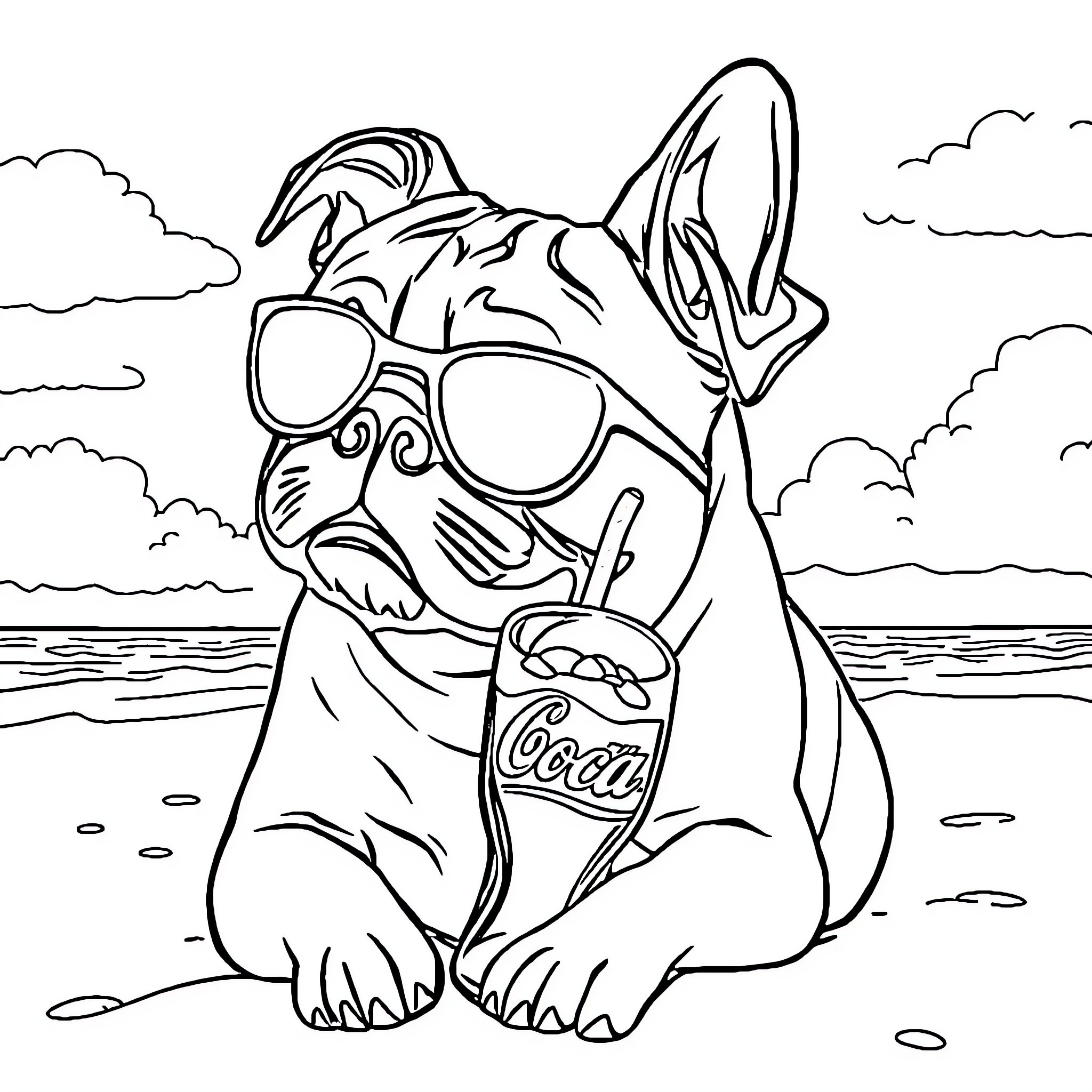 Pug enjoying a refreshing drink on the beach Coloring Page (free black-and-white line drawing printable PDF for all, from beginners to advanced learners, including children, teens, adults, and seniors)