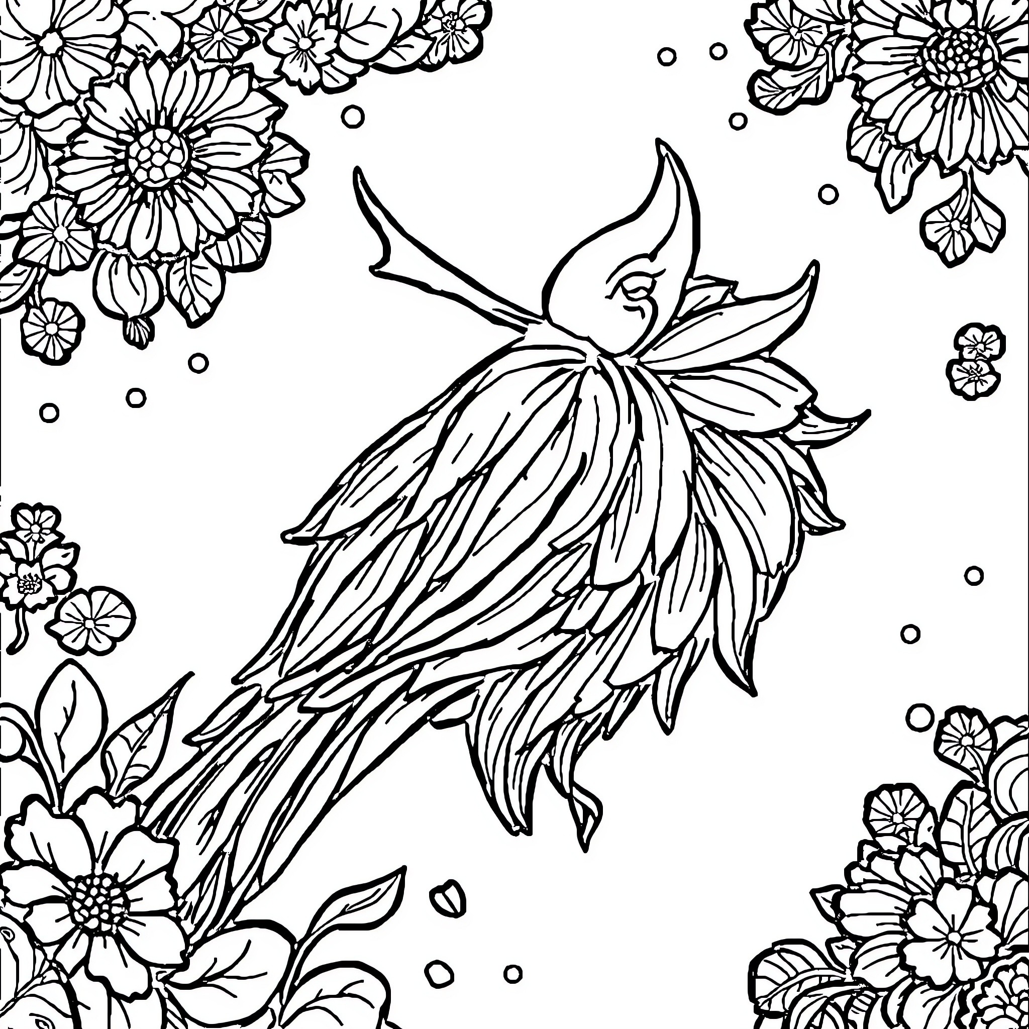 What You Want: Elegant Floral Adornments Surrounding Vibrant Avian Motif Coloring Page (free black-and-white line drawing printable PDF for all, from beginners to advanced learners, including children, teens, adults, and seniors)