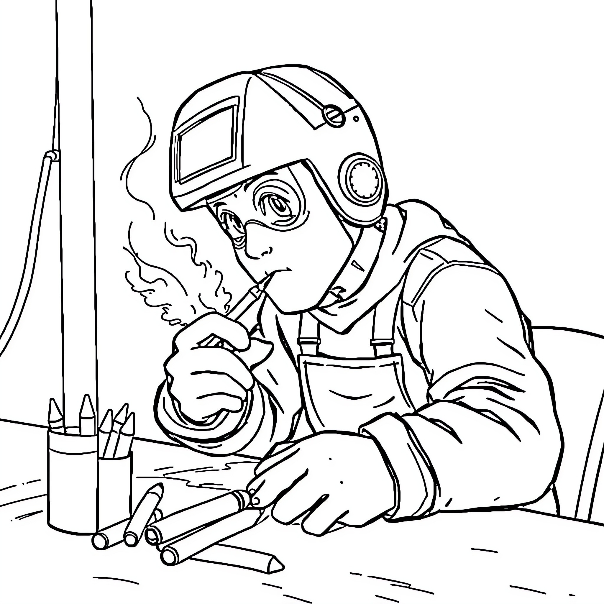 Welder focused on his work with tools Coloring Page (free black-and-white line drawing printable PDF for all, from beginners to advanced learners, including children, teens, adults, and seniors)