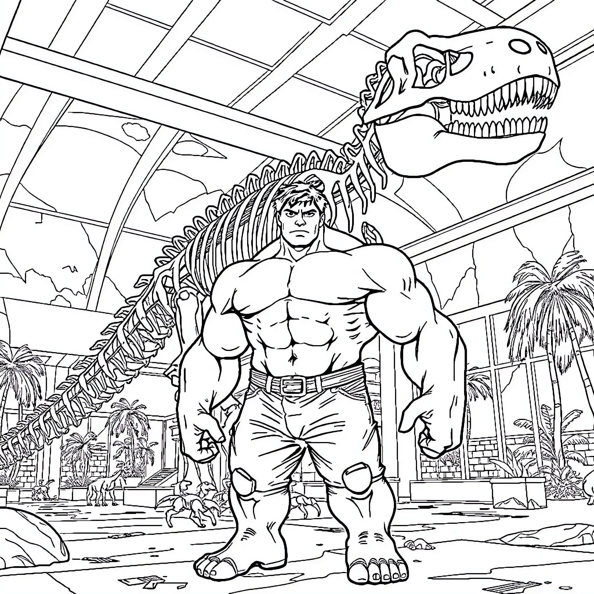 Hulk confronts a dinosaur skeleton in a museum Coloring Page (free black-and-white line drawing printable PDF for all, from beginners to advanced learners, including children, teens, adults, and seniors)