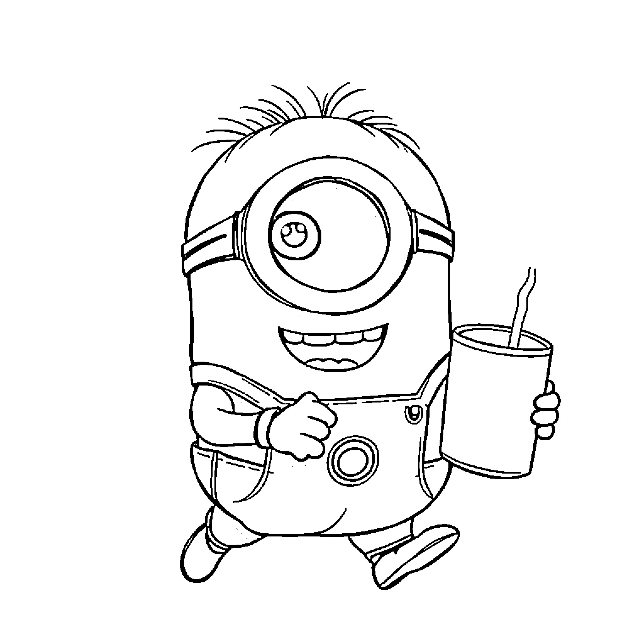 Minion enjoying a refreshing beverage Coloring Page (free black-and-white line drawing printable PDF for all, from beginners to advanced learners, including children, teens, adults, and seniors)