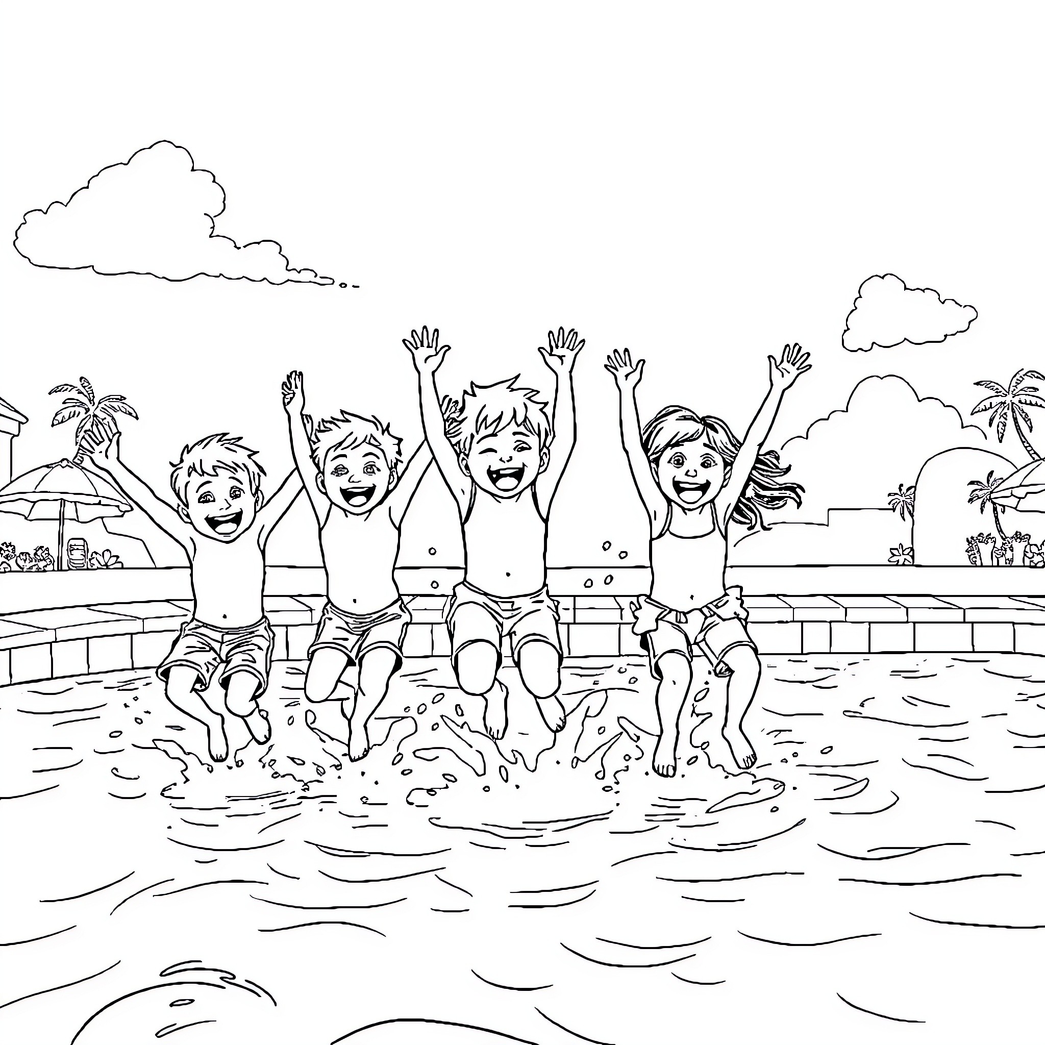 Kid enjoying summer pool party with friends Coloring Page (free black-and-white line drawing printable PDF for all, from beginners to advanced learners, including children, teens, adults, and seniors)