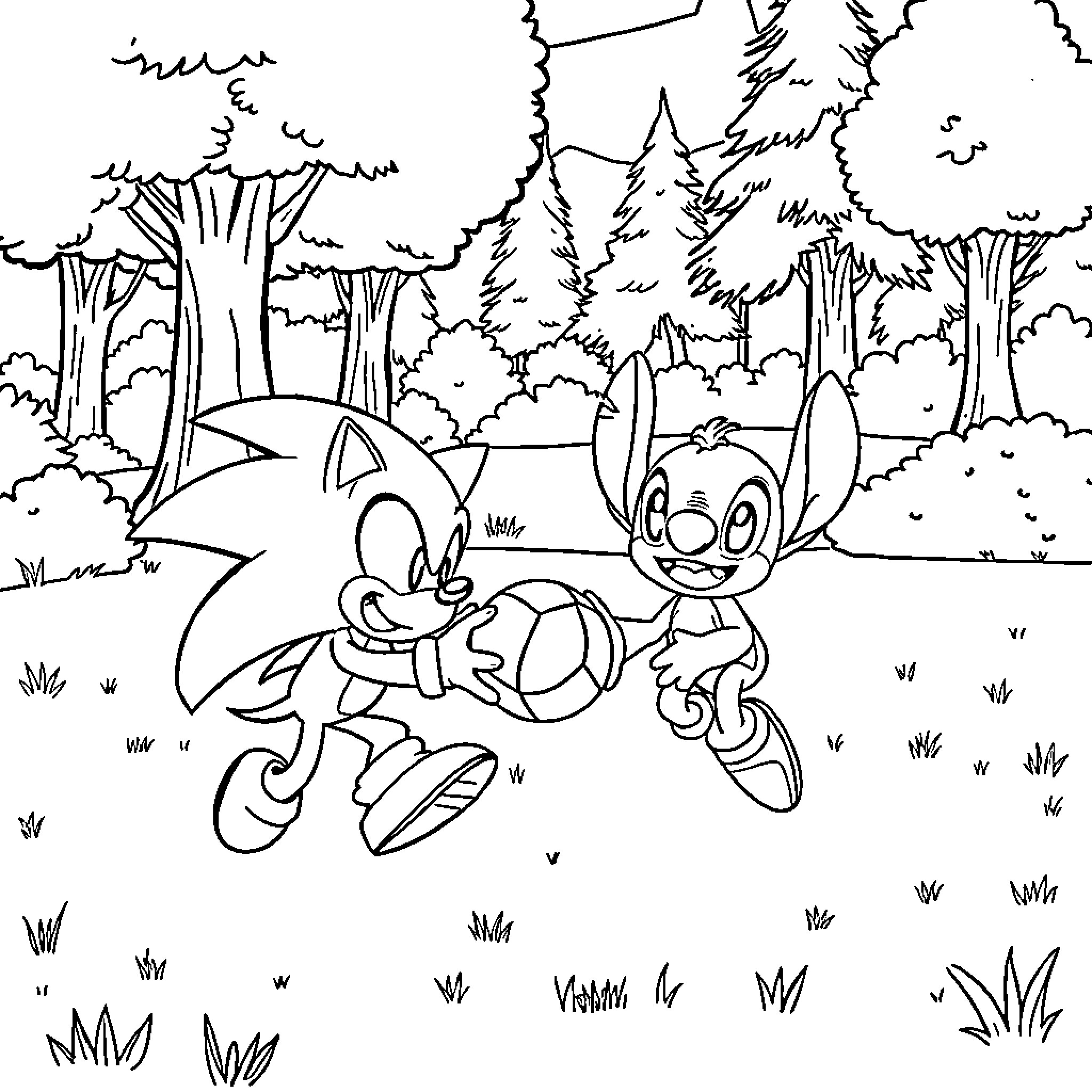 Sonic and friends explore the enchanted forest Coloring Page (free black-and-white line drawing printable PDF for all, from beginners to advanced learners, including children, teens, adults, and seniors)