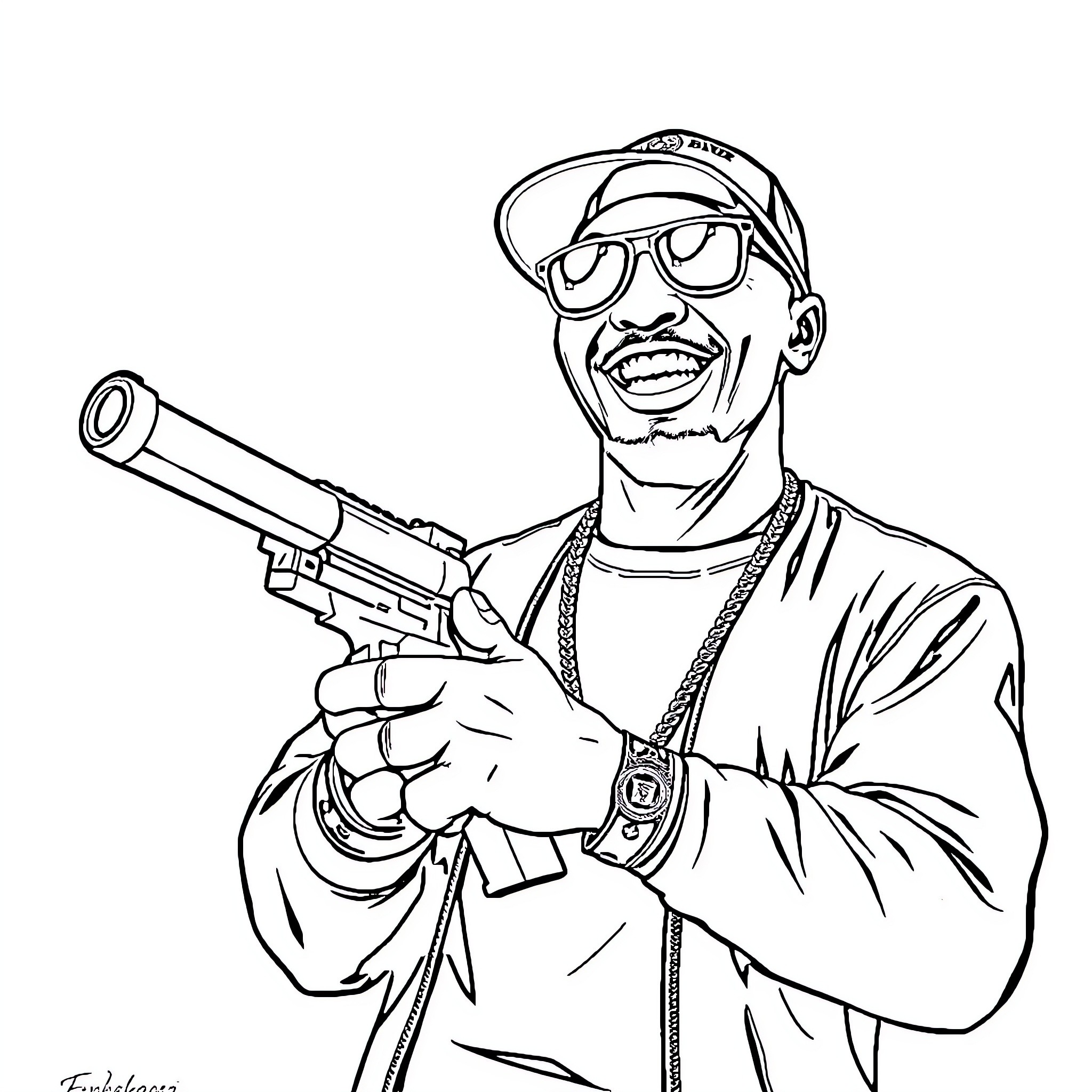 P Diddy armed and smiling with sunglasses Coloring Page (free black-and-white line drawing printable PDF for all, from beginners to advanced learners, including children, teens, adults, and seniors)