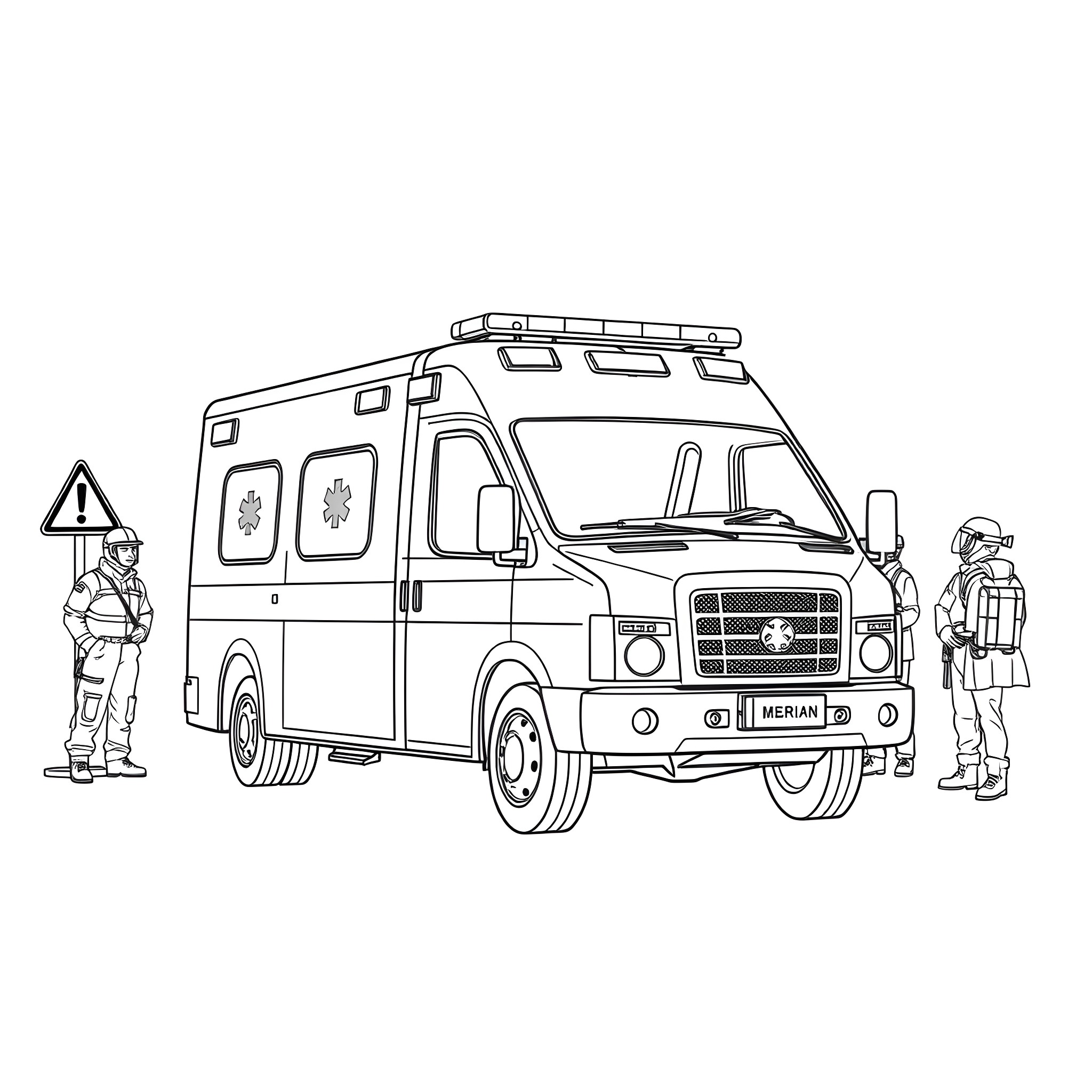 Ambulance responding to emergency with personnel Coloring Page (free black-and-white line drawing printable PDF for all, from beginners to advanced learners, including children, teens, adults, and seniors)