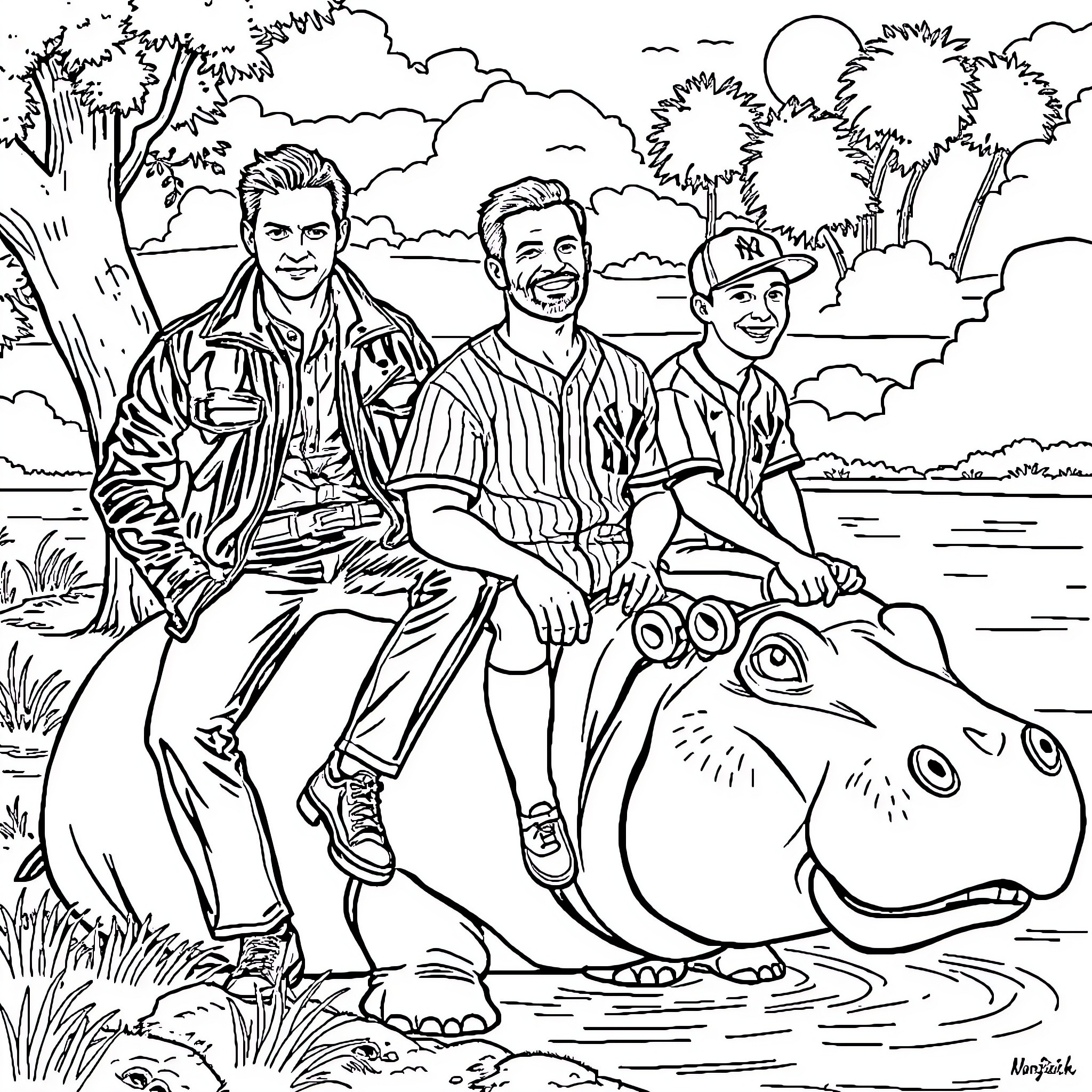 Hippo adventure with friends in the wild Coloring Page (free black-and-white line drawing printable PDF for all, from beginners to advanced learners, including children, teens, adults, and seniors)