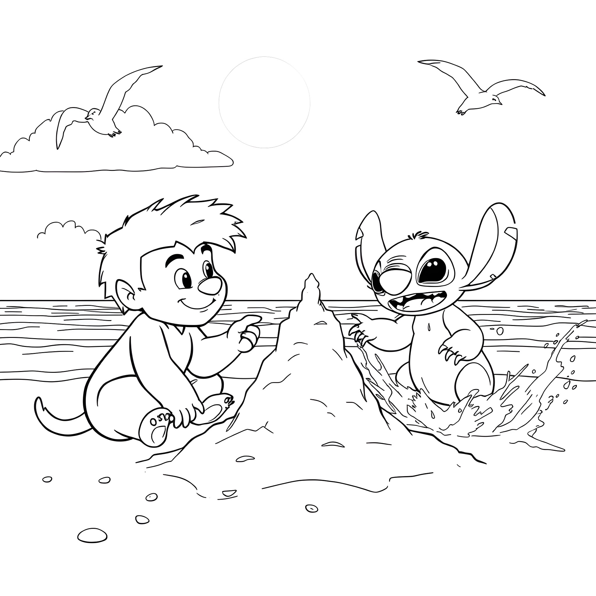 Leo and Stitch playing together on the beach Coloring Page (free black-and-white line drawing printable PDF for all, from beginners to advanced learners, including children, teens, adults, and seniors)