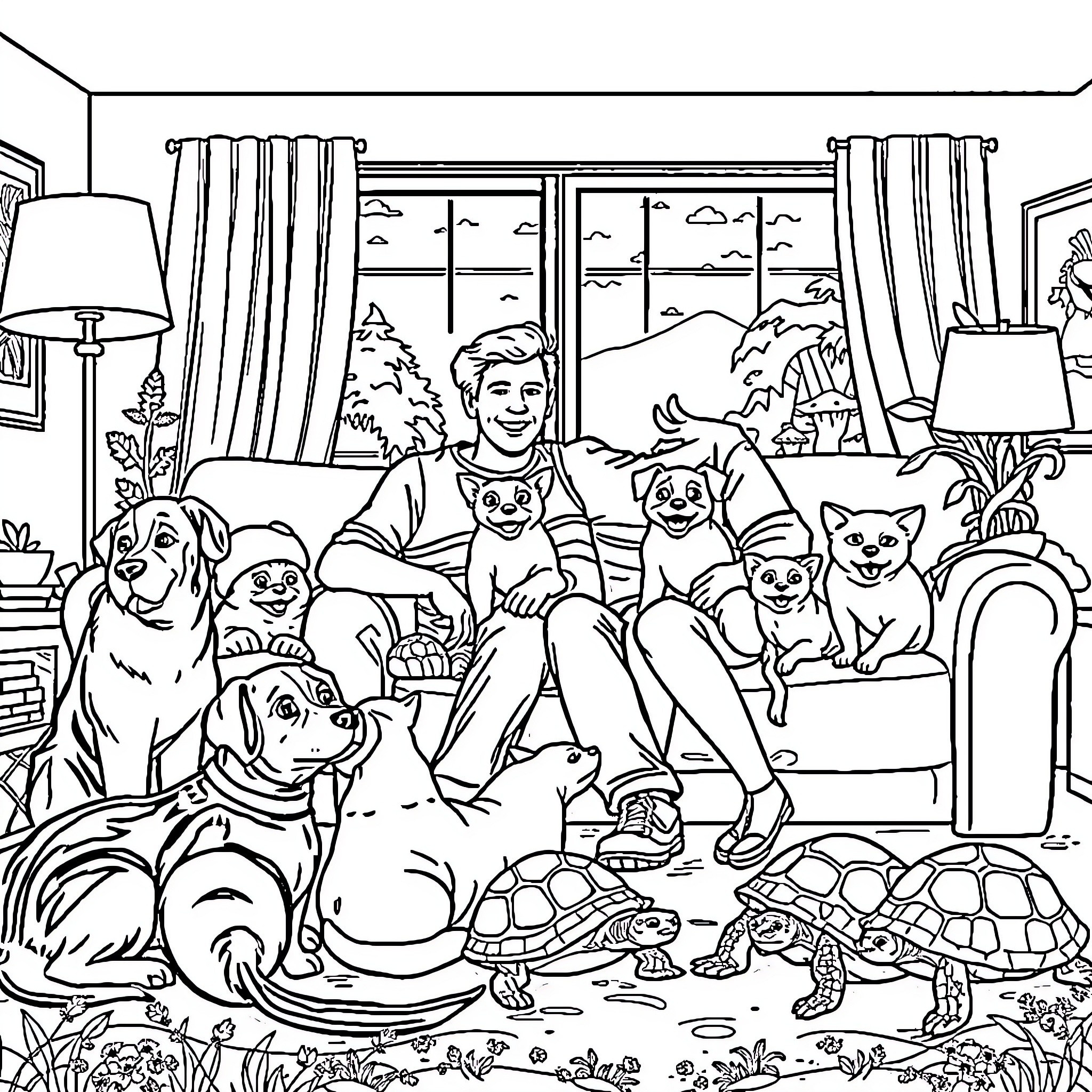 Pet Lover Surrounded by Diverse Animal Companions Coloring Page (free black-and-white line drawing printable PDF for all, from beginners to advanced learners, including children, teens, adults, and seniors)