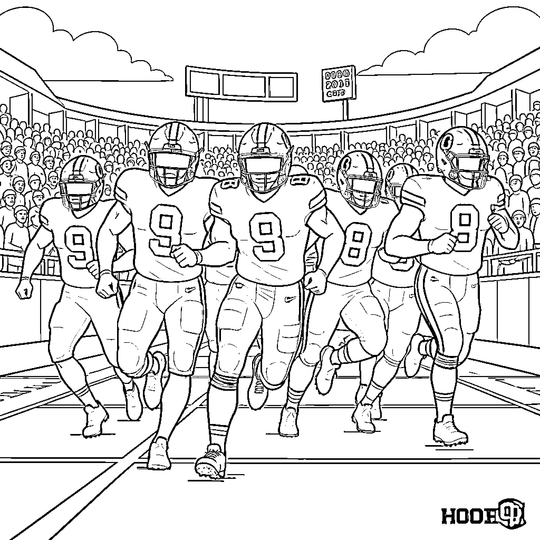 Oklahoma Sooners football team running onto the field Coloring Page (free black-and-white line drawing printable PDF for all, from beginners to advanced learners, including children, teens, adults, and seniors)