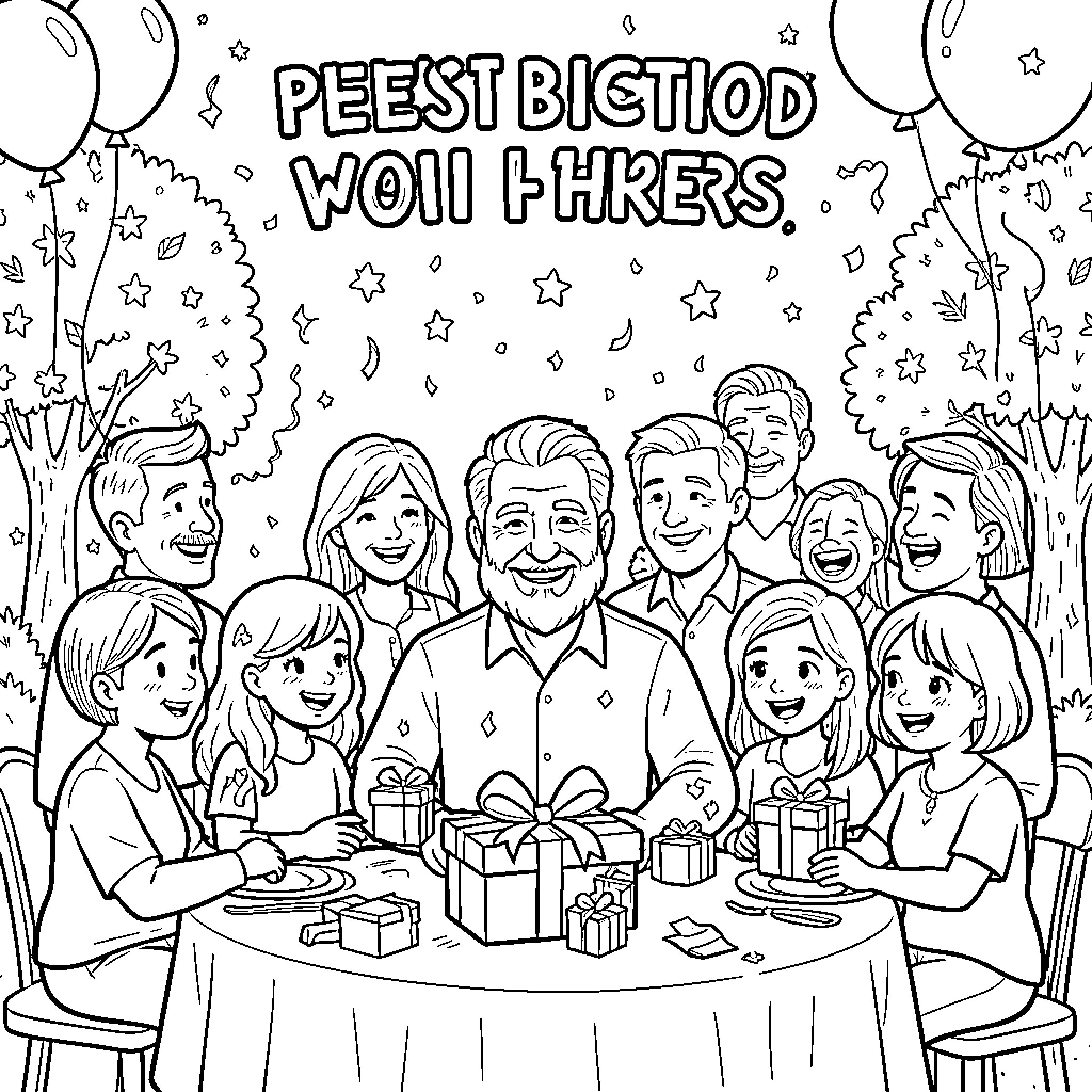 Father celebrating a birthday with his smiling family Coloring Page (free black-and-white line drawing printable PDF for all, from beginners to advanced learners, including children, teens, adults, and seniors)